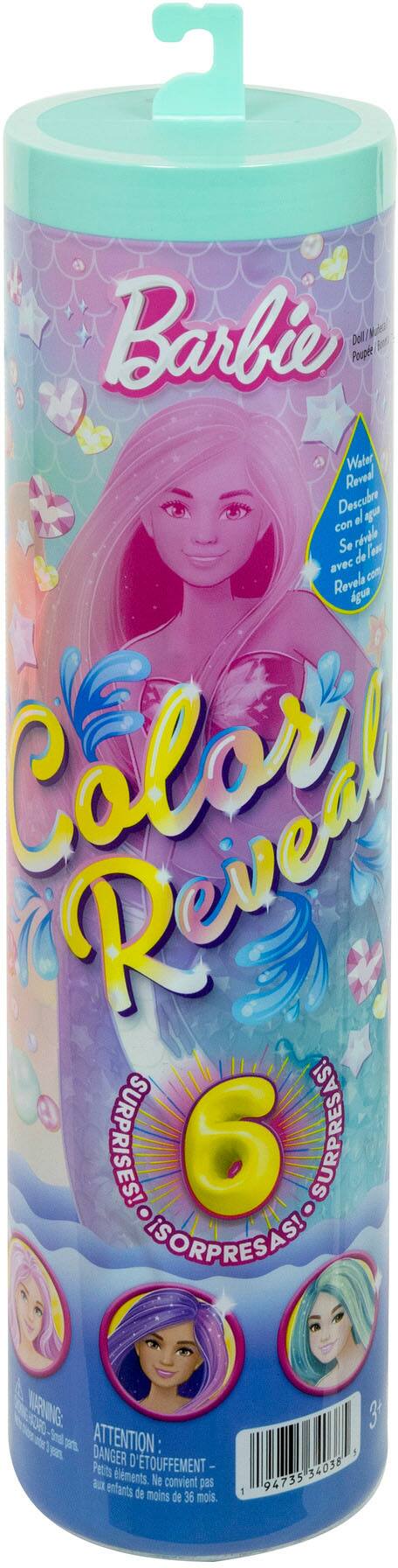Barbie Doll  
Color Reveal  
Water Reveal  
Descubre con el agua  
Se revela con agua  
Revela con agua  
6 SURPRISES!  
SURPRISES!  
SURPRESAS!  
ATTENTION:  
DANGER D'ÉTOUFFEMENT -  
Peut être un danger pour les enfants de moins de 36 mois.  
Ne convient pas aux enfants de moins de 36 mois.  
1 - 34038 94735 3