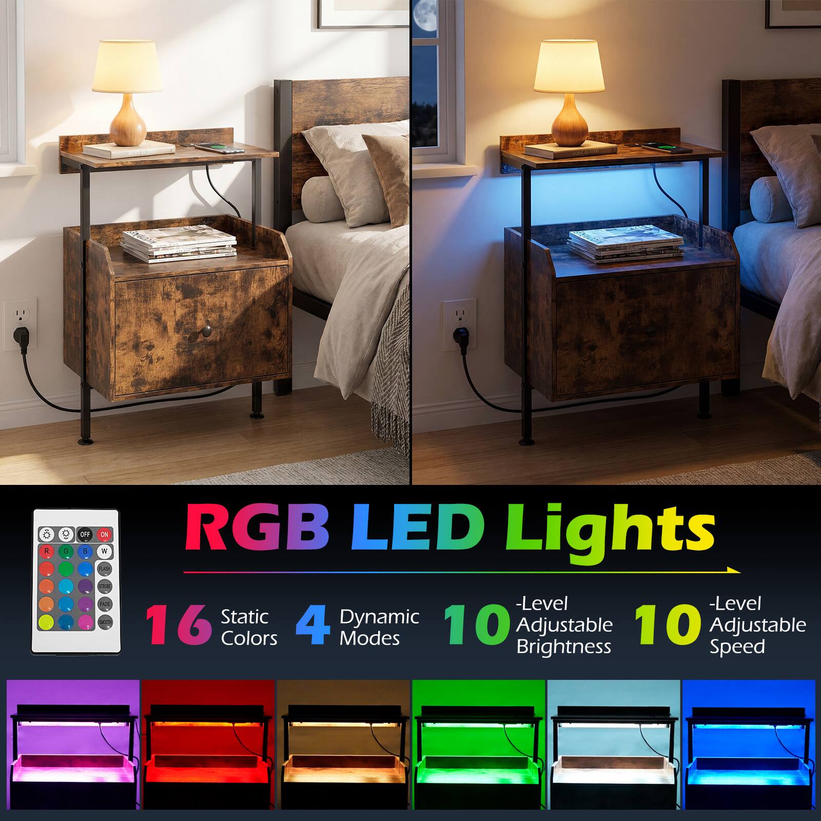 RGB LED Lights - 16 Static Colors, 4 Dynamic Modes, 10 Adjustable Brightness, 10 Adjustable Speed