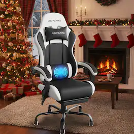 RSPGAME - Basic Gaming Chair PU Leather Ergonomic Spring Cushion Computer Chair w/ Vibration Lumbar Support & Retractable Footrest - Black & White