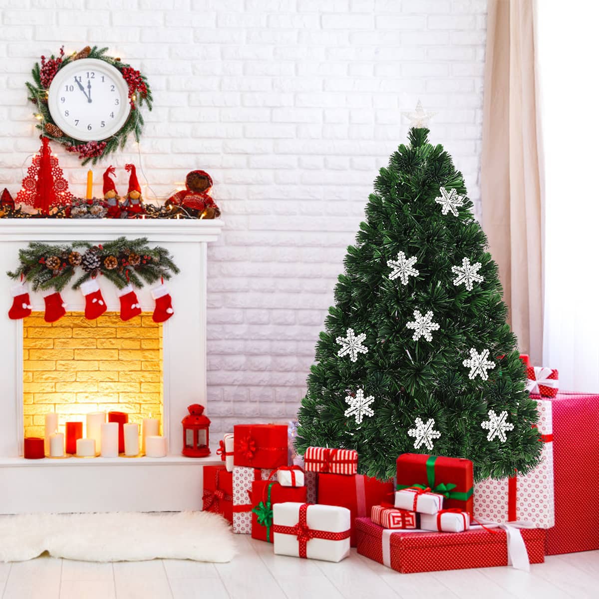 Gymax - 6' Pre-Lit Multi-Color Lights Fiber Optic Artificial Christmas Tree with Snowflakes - Green