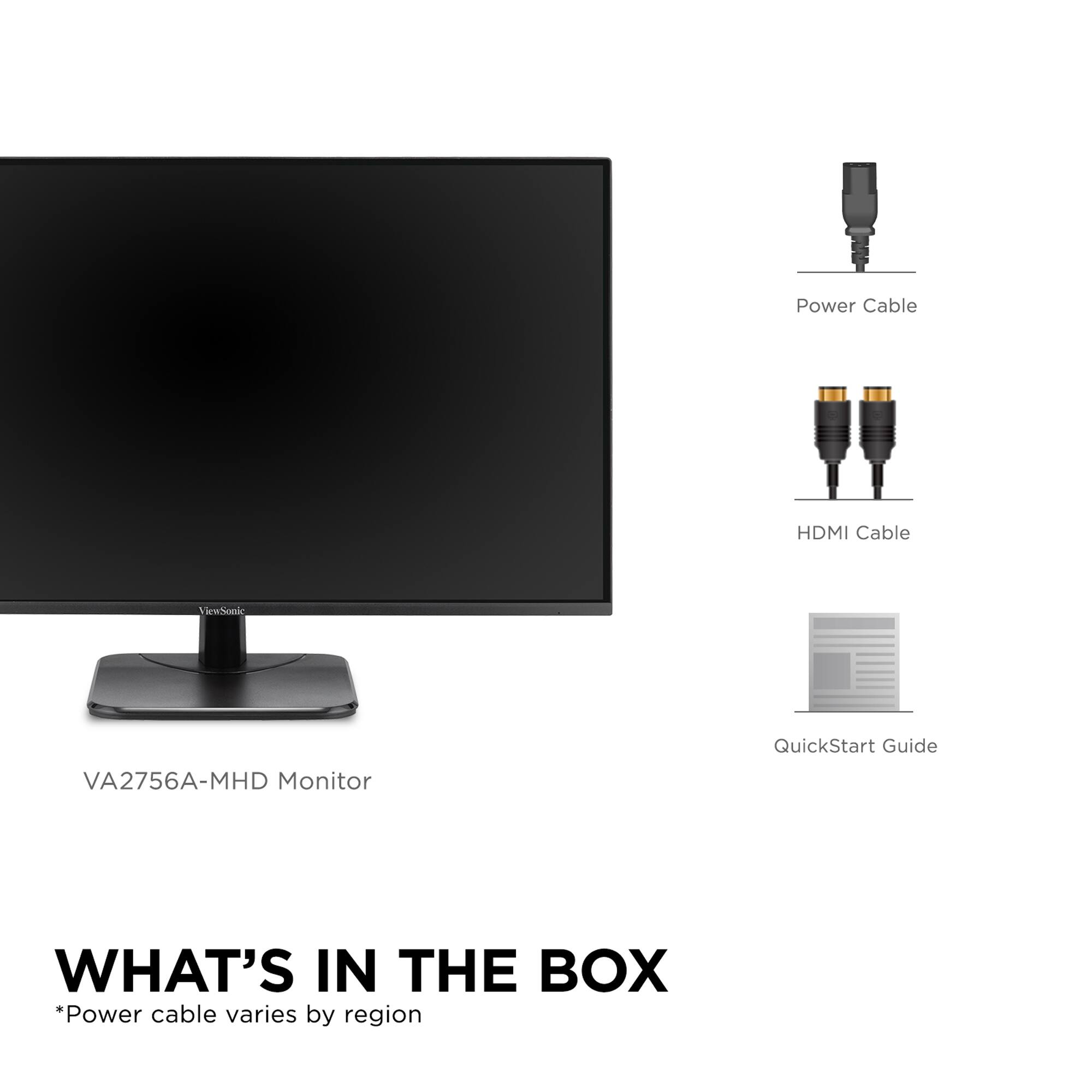 The text on the image is grouped as follows:

1. What's in the box:
* Power cable varies by region
2. QuickStart Guide
3. Power Cable
4. HDMI Cable
5. Vien economic VA2756A-MHD Monitor