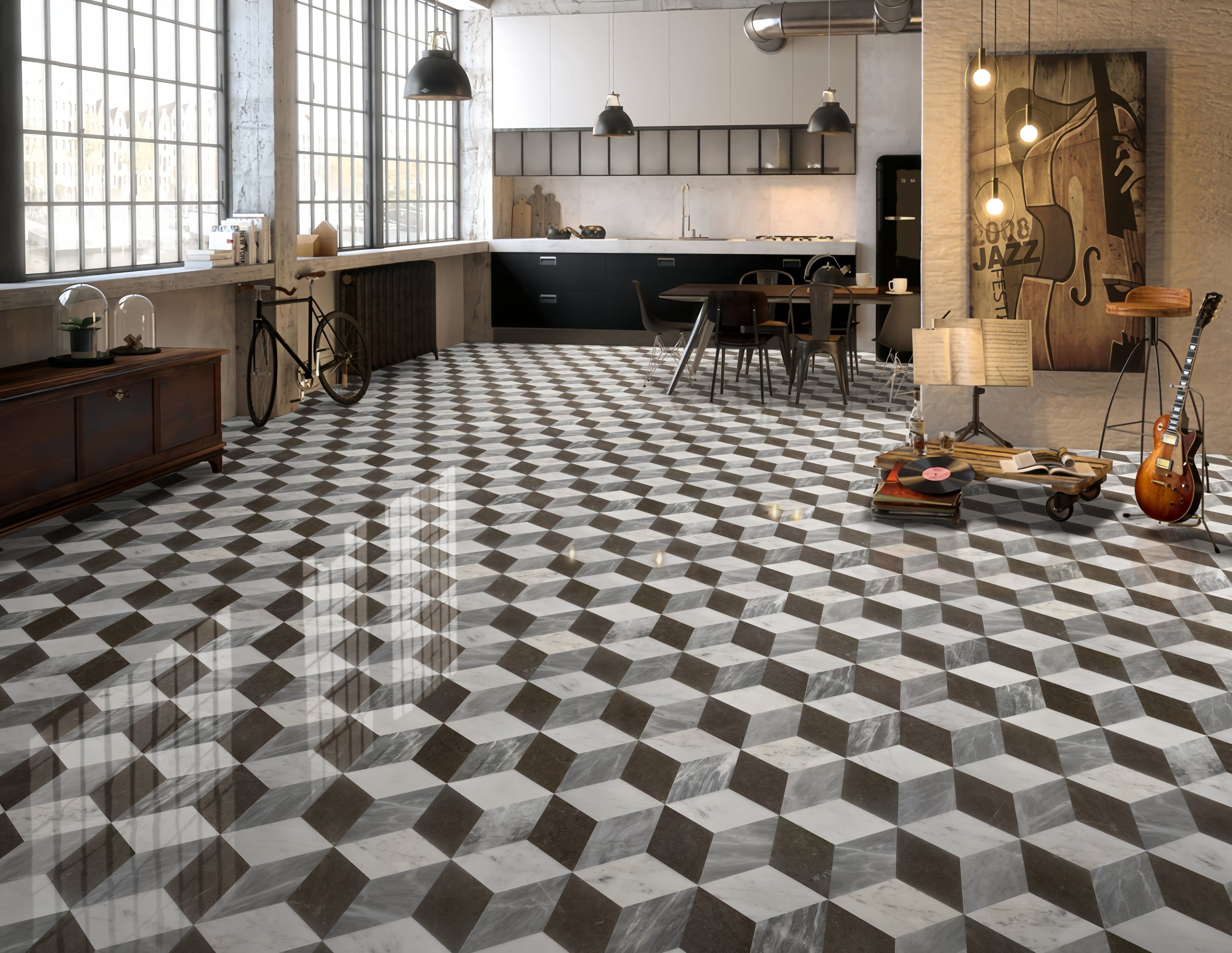 APRILSOUL - Hexagon Gray Black Water jet Marble Tiles Polished - White