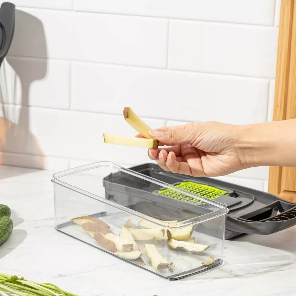 Back. Luminuxe - All-In-One Vegetable Chopper & Meal Prep Container with 7 Blades and Strainer Basket.