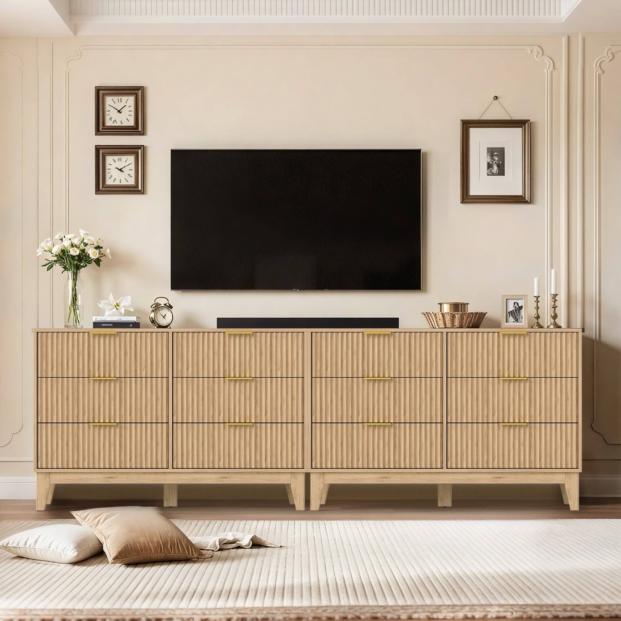 Alt View 7. U-HOMY - Modern 6 Drawer Fluted Dresser, Mid Century Wide Chest of Drawers with Metal Handles for Bedroom and Living Room - Wood Color.