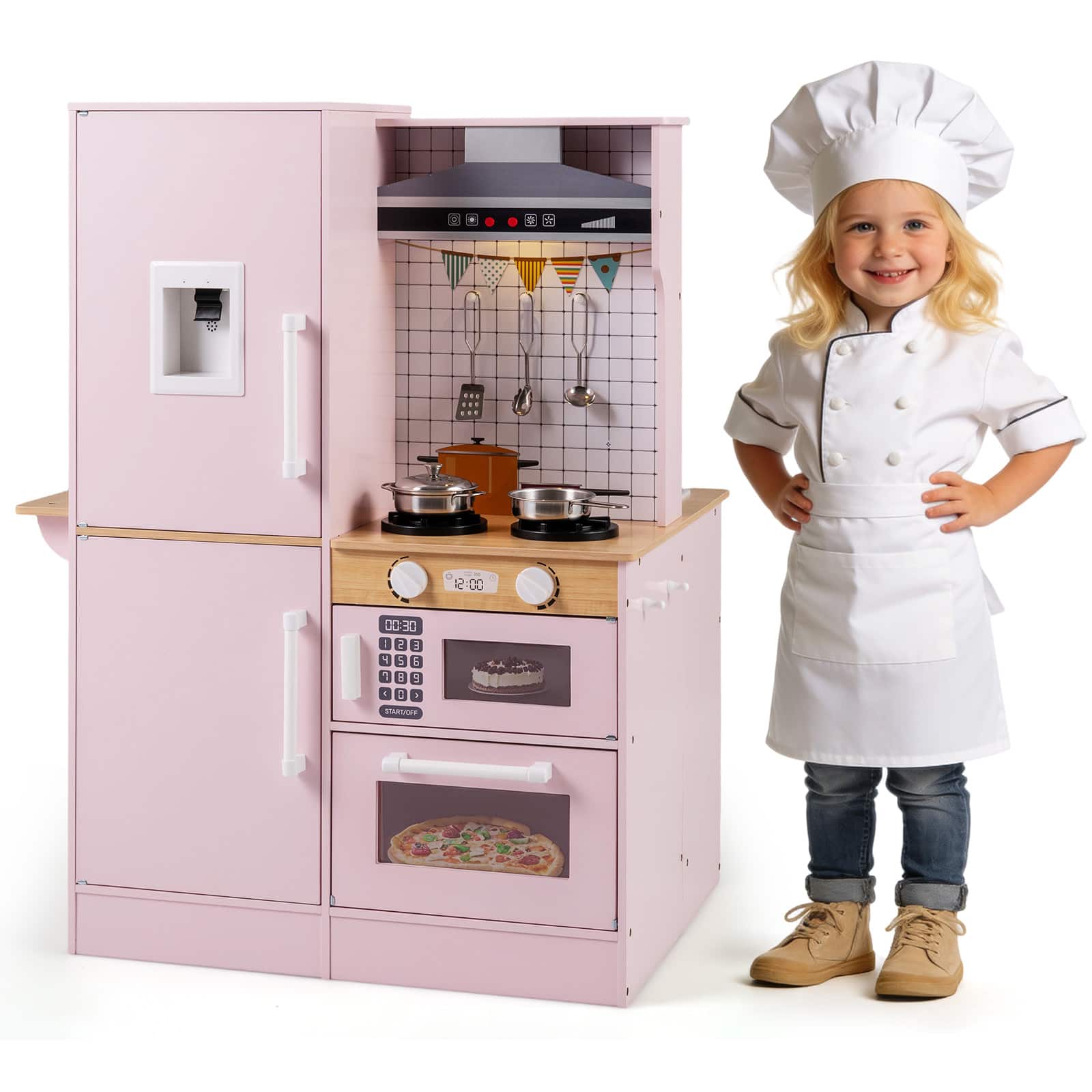 Gymax - Dual-Sided Kids Play Kitchen w/Water Dispenser Range Hood Microwave Lights - Pink