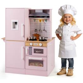 Gymax - Dual-Sided Kids Play Kitchen w/Water Dispenser Range Hood Microwave Lights - Pink