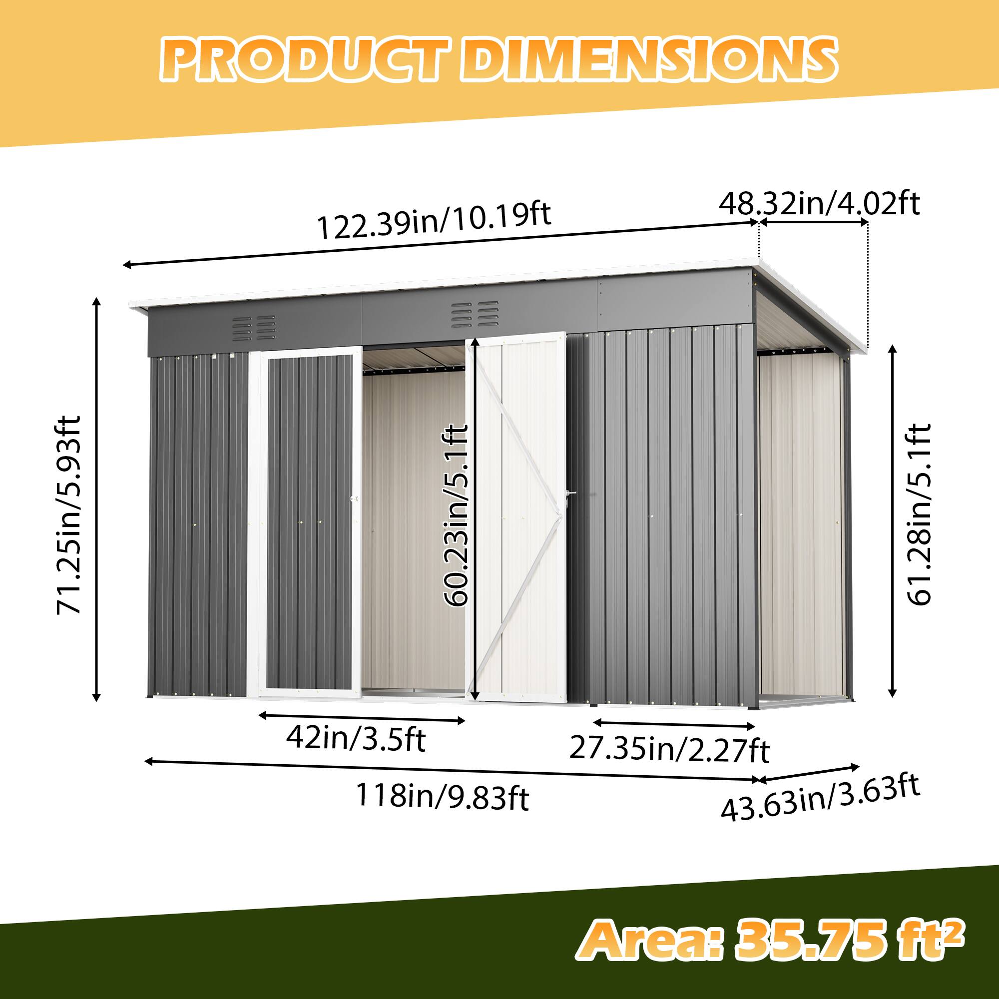 PRODUCT DIMENSIONS

122.39in/10.19ft  
48.32in/4.02ft  
71.25in/5.93ft  
60.23in/5.1ft  
61.28in/5.1ft  
42in/3.5ft  
27.35in/2.27ft  
118in/9.83ft  
43.63in/3.63ft  

Area: 35.75 ft²