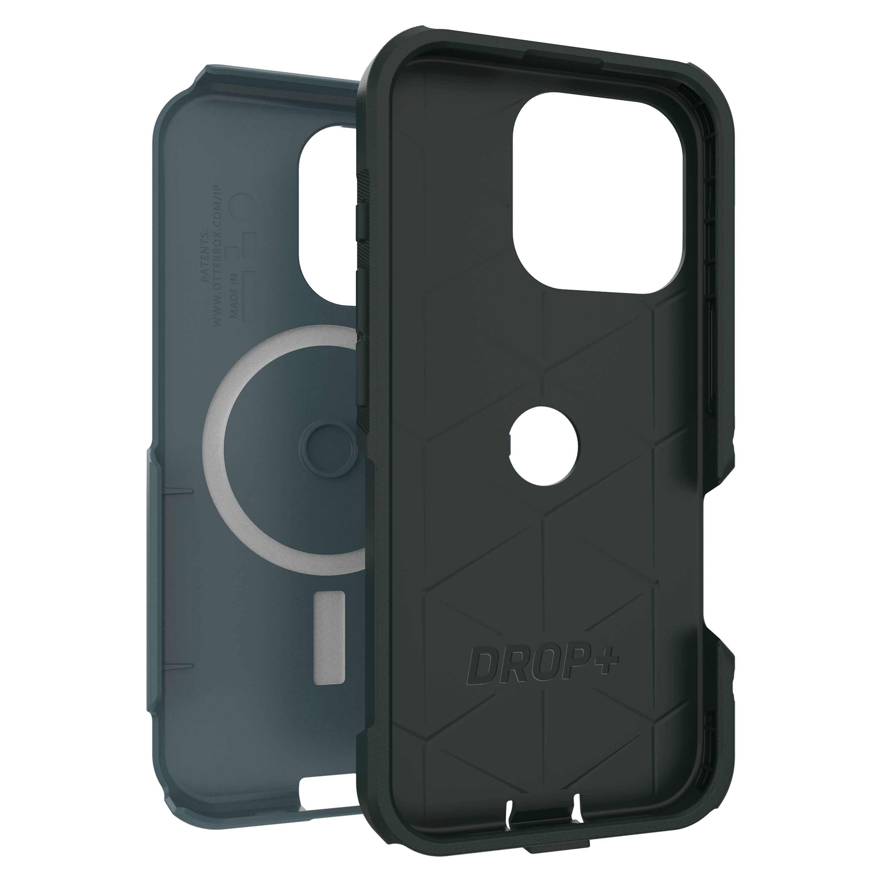 The image features a black Otterbox case for a cell phone. The case is designed to protect the phone from drops and impacts, and it is made in the USA. The case is open, revealing the phone inside. The case is made of durable materials and is available in various colors and designs. The Otterbox case is a popular choice for phone protection and is known for its high-quality construction.
