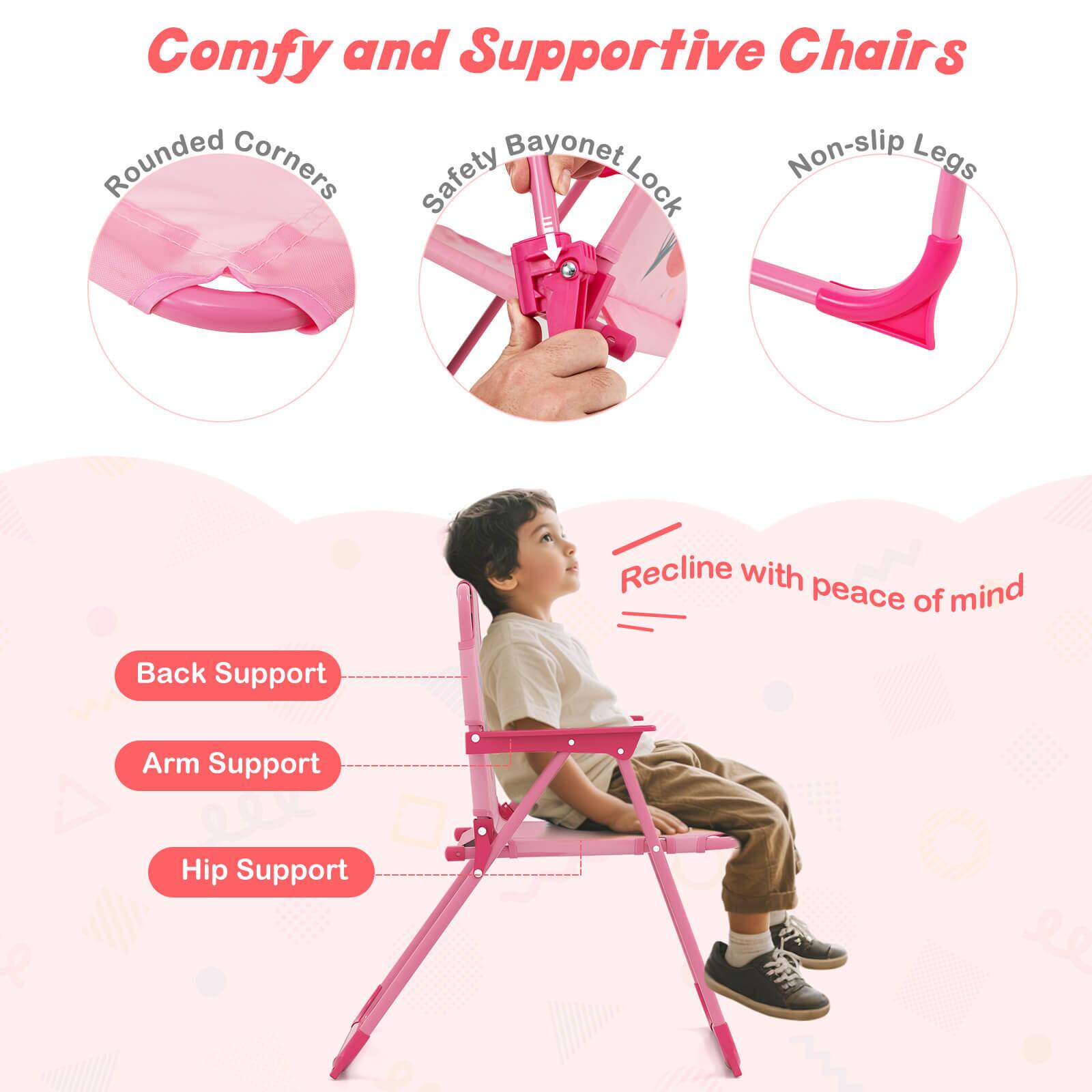 Comfy and Supportive Chairs

- Rounded Corners
- Safety Bayonet Lock
- Non-slip Legs

Recline with peace of mind

- Back Support
- Arm Support
- Hip Support
