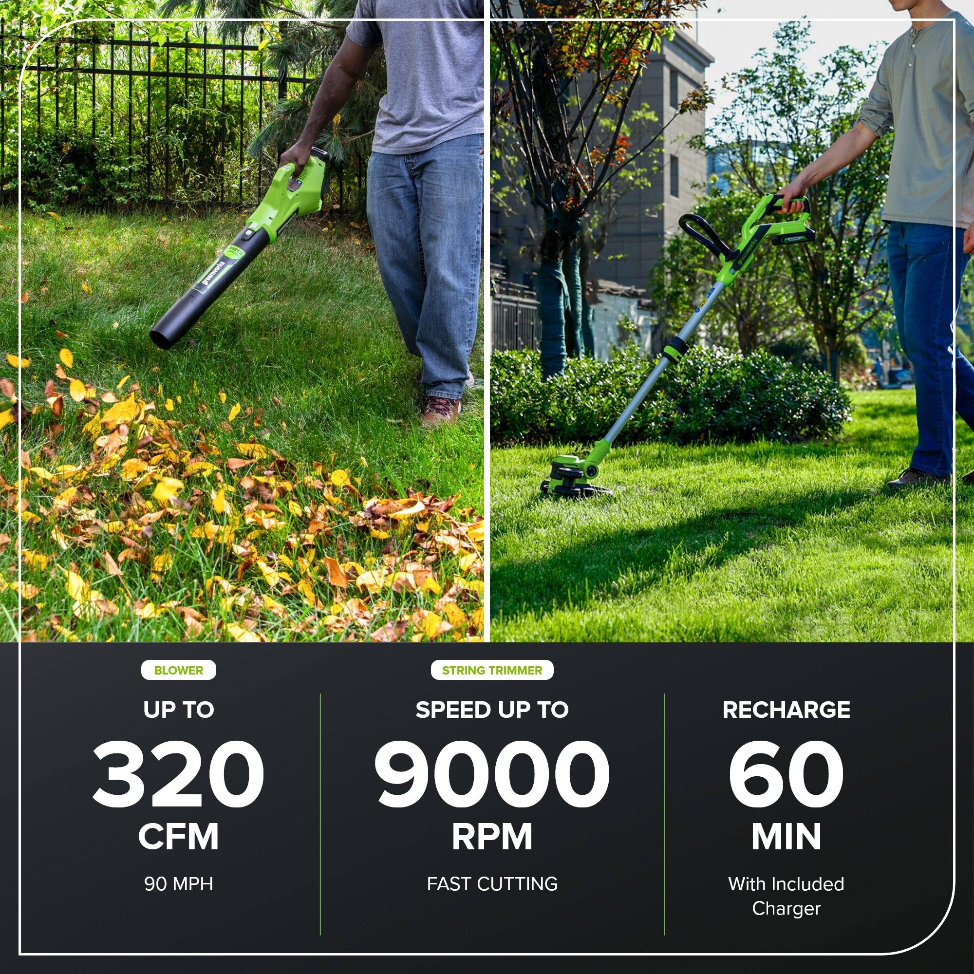 I BLOWER STRING TRIMMER UP TO SPEED UP TO 320 CFM 9000 RPM 90 MPH RECHARGE 60 MIN FAST CUTTING With Included Charger