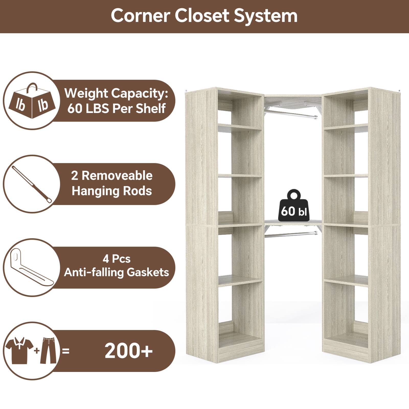 Corner Closet System

- Weight Capacity: 60 LBS Per Shelf
- 2 Removable Hanging Rods
- 4 Pcs Anti-falling Gaskets
- 200+