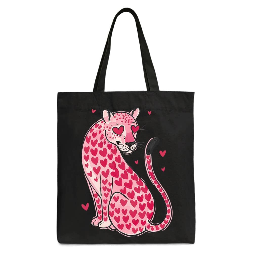 OrnamentallyYou - Pink Leopard Valentine Canvas Tote Bag, Cute Hearts Reusable Urban Bag - Black