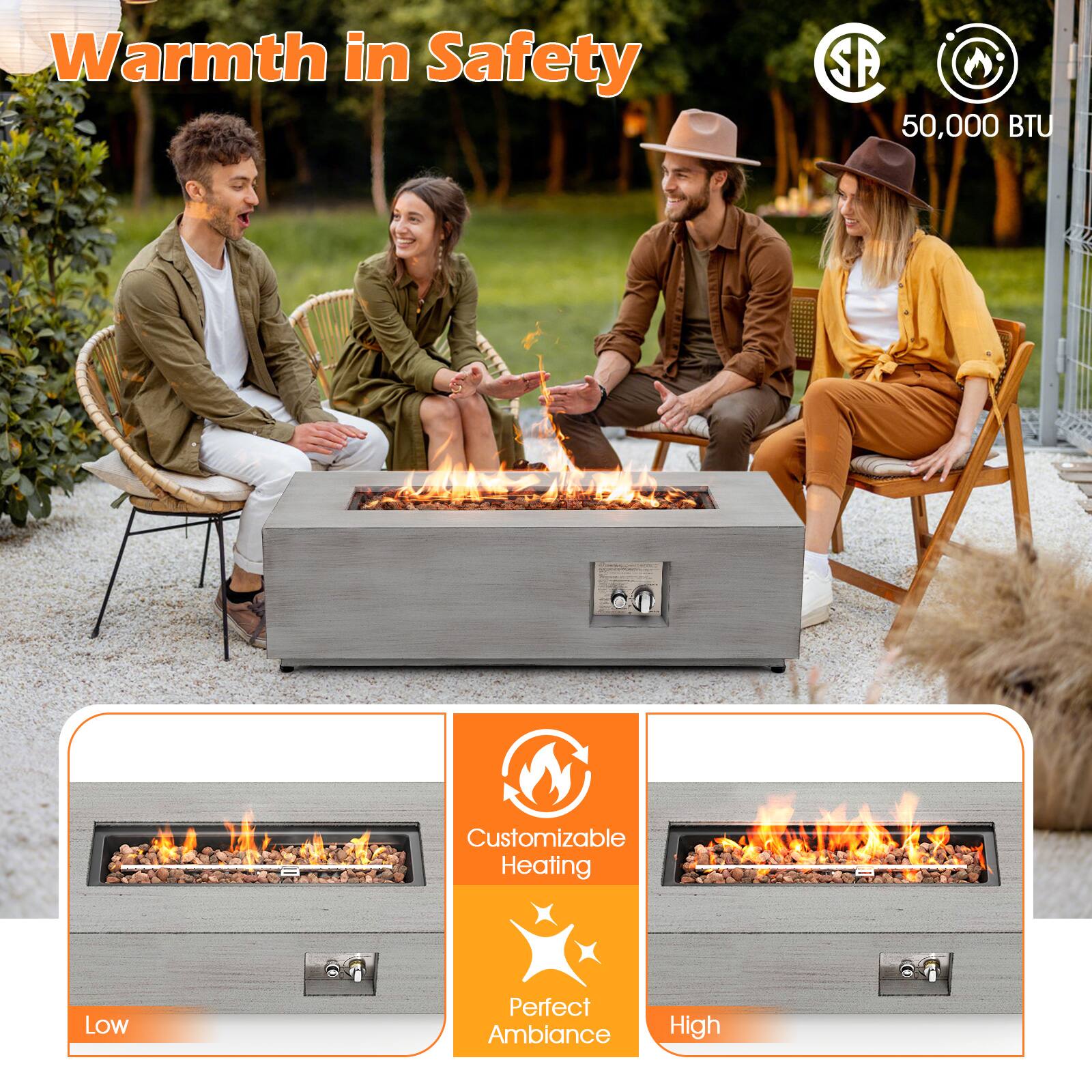 Warmth in Safety, SA 50,000 BTU, Customizable Heating, Low, Perfect Ambiance, High