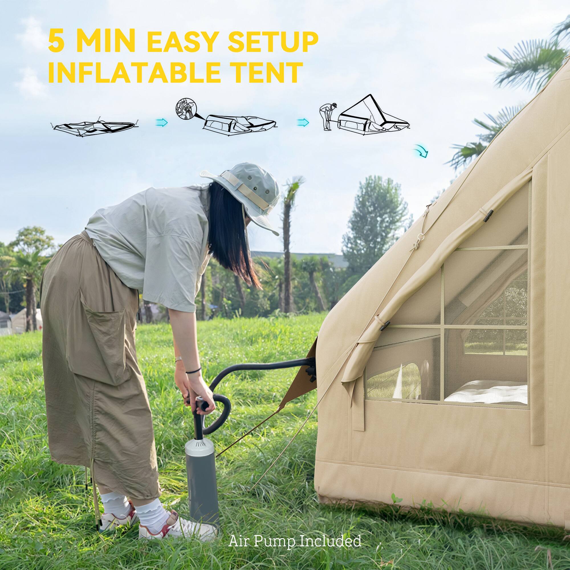 5 MIN EASY SETUP INFLATABLE TENT
Air Pump Included