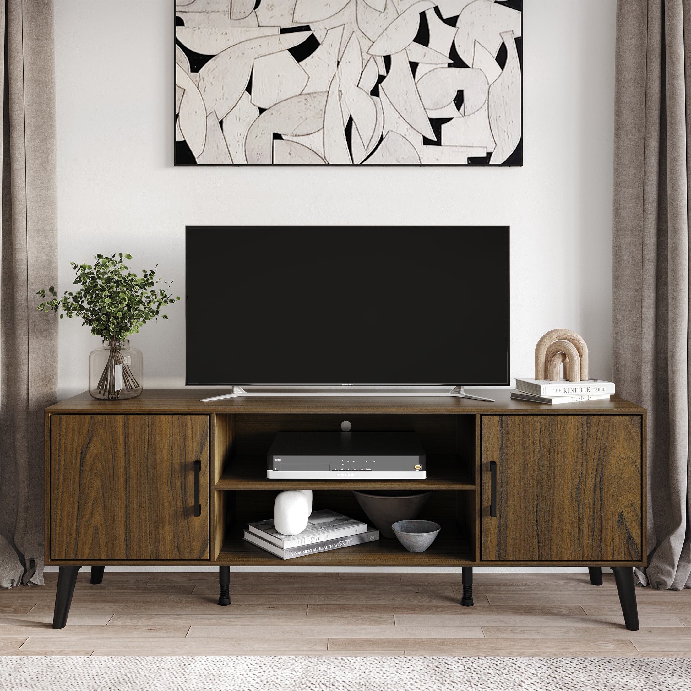 ChaletPosh - Modern TV Console with 2 Cabinets and Open Shelving - Brown