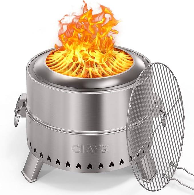 Front. Ciays - 17” Smokeless Portable Fire Pit for Outside Use with Stainless Steel Grill Rack, Fire Poker, Wood Burning, & Storage Bag - Silver.