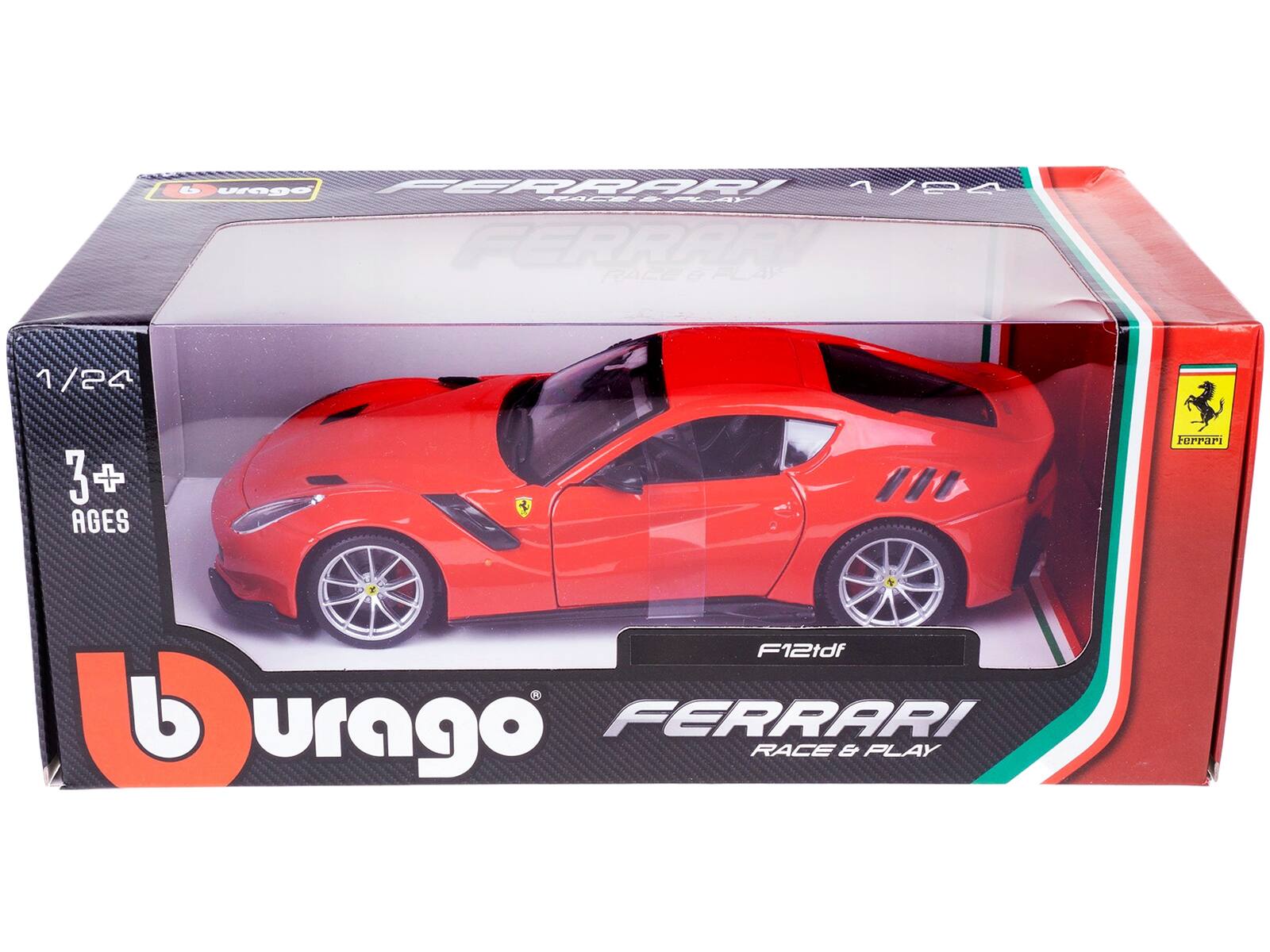 Sure, here is the corrected and grouped text from the image:

- **Burago**
- **FERRARI**
- **RACE & PLAY**
- **1/24**
- **3+ AGES**
- **F12tdf**