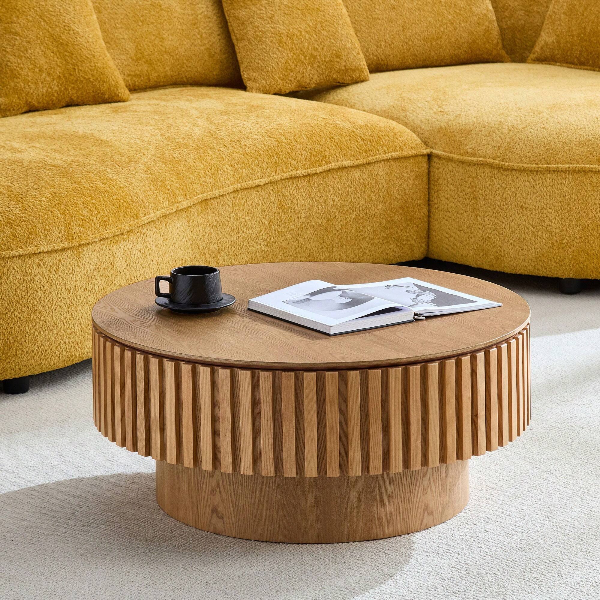 Back. Trinkets Crazed - Round Coffee Table With Storage, Solid Wood Center Table Large Circle Wooden Accent Table - Natural.