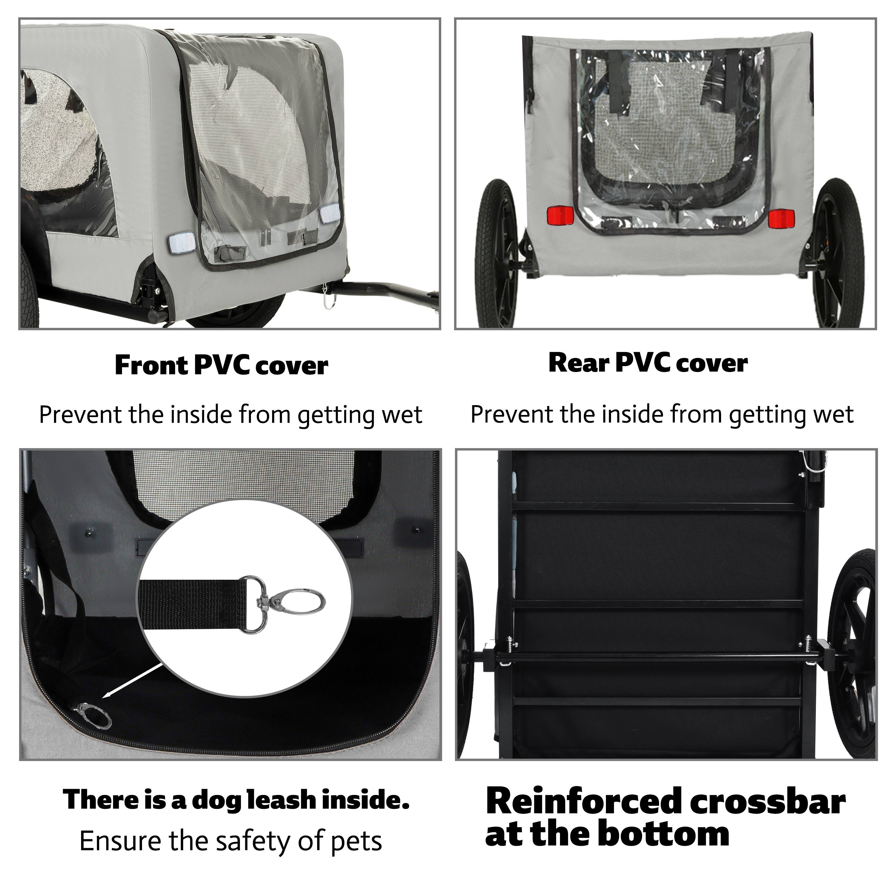 Front PVC cover  
Prevent the inside from getting wet  

Rear PVC cover  
Prevent the inside from getting wet  

There is a dog leash inside.  
Ensure the safety of pets  

Reinforced crossbar at the bottom