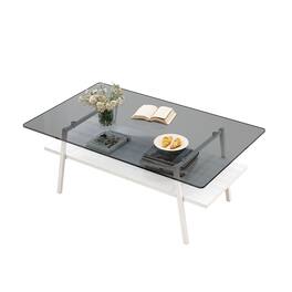 Ecooso - Rectangle Coffee Table with Tempered Glass top and White Metal Legs, Modern Table for Living Room - Gray