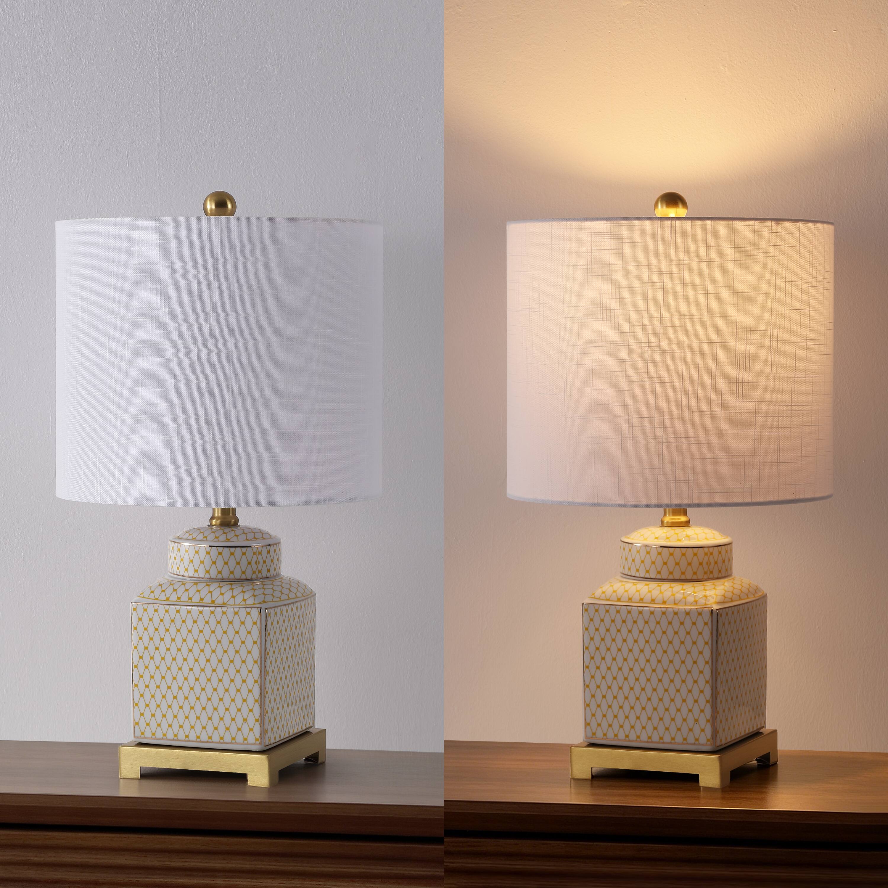 Alt View 5. Jonathan Y - Cleo Transitional 21.5" Yellow and White Square Ceramic Table Lamp with Glam Brass Gold Base for Living Room - White/Yellow.