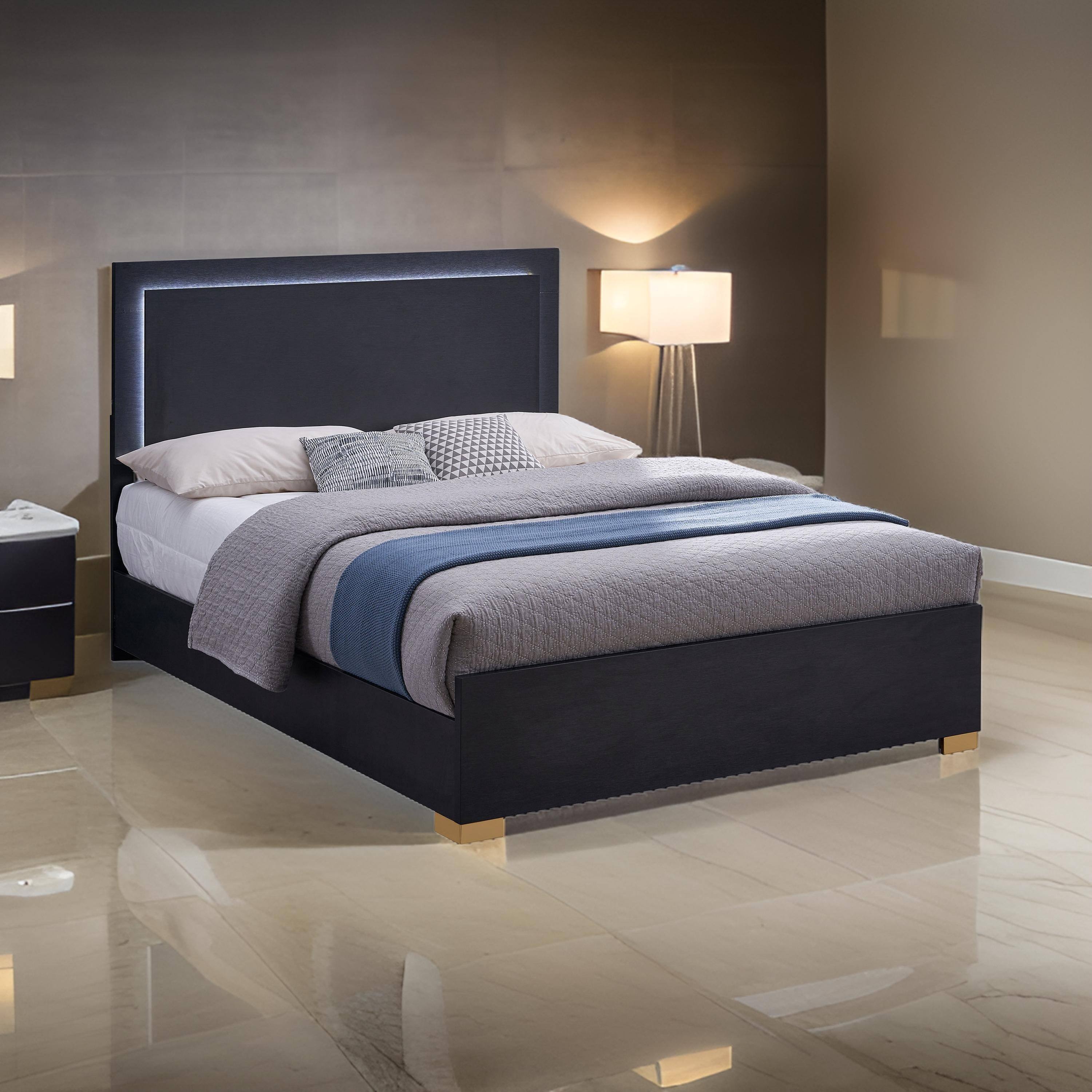 Alt View 5. Manhattan Lane - Dex Full Size Bed with LED Framed Headboard, Black Wood Finish, Gold Legs - Black, Gold.