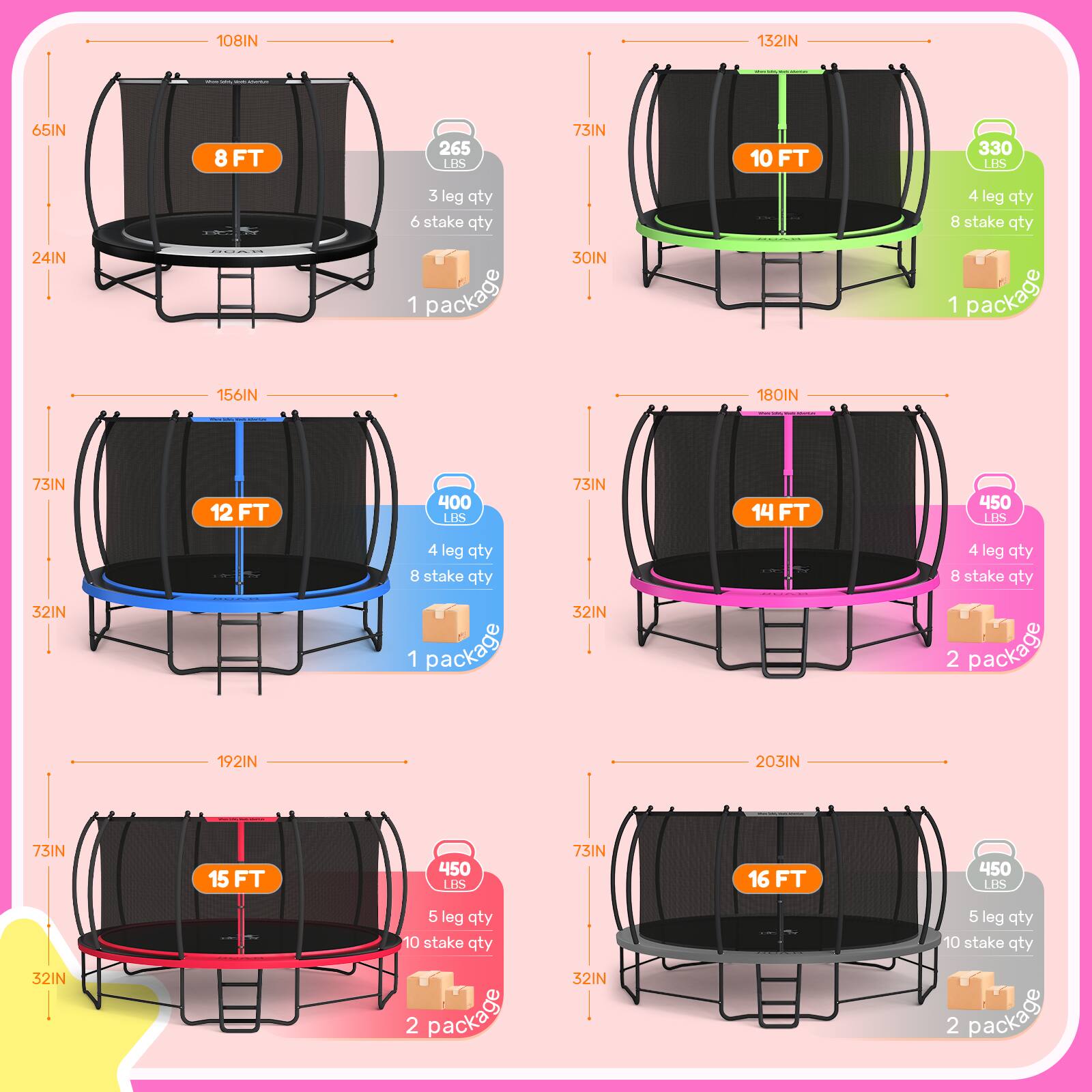 108IN 132IN  
65IN 8 FT  
265 LBS  
3 leg qty  
6 stake qty  
1 package  

156IN 180IN  
73IN 12 FT  
400 LBS  
4 leg qty  
8 stake qty  
1 package  

192IN 203IN  
73IN 15 FT  
450 LBS  
4 leg qty  
8 stake qty  
1 package  

73IN 16 FT  
450 LBS  
5 leg qty  
10 stake qty  
2 package  

30IN  
32IN  
5 leg qty  
10 stake qty  
2 package
