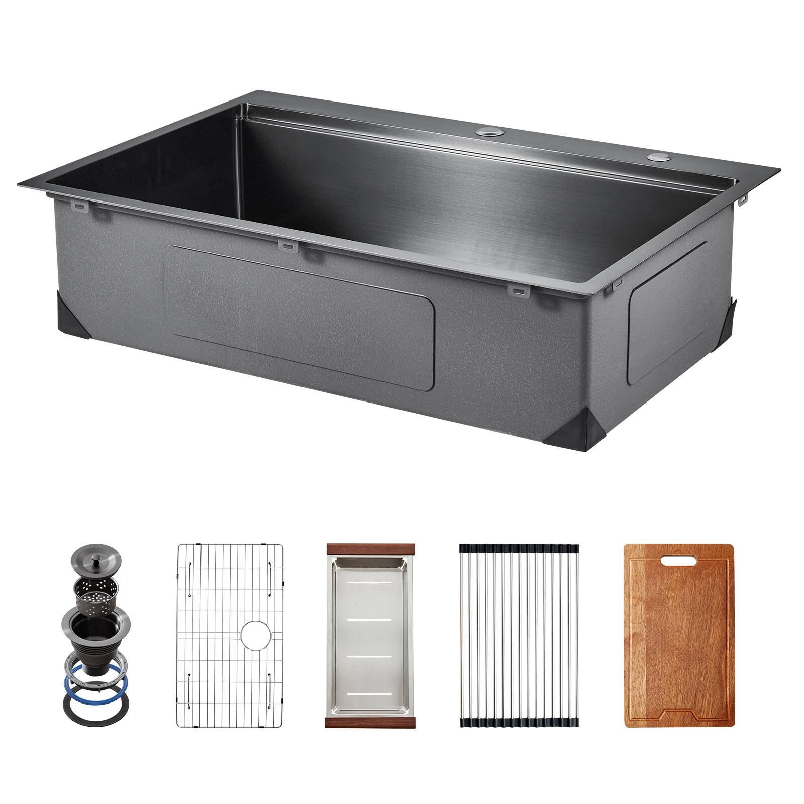 Alt View 5. VEVOR - 33 inch Kitchen Sink Workstation, 304 Stainless Steel Top Mount Sinks, Drop-In Single Bowl Farmhouse Basin - Black.