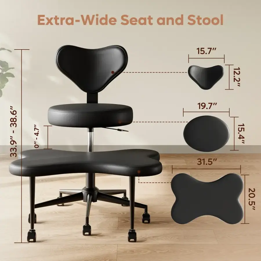 Extra-Wide Seat and Stool:

* 33.9" - 38.6"
* 0" - 4.7"
* 15.7"
* 19.7"
* 31.5"
* 12.2"
* 15.4"
* 20.5"