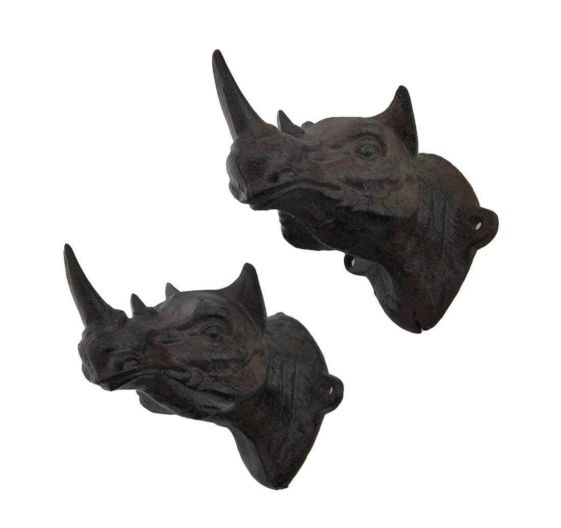 Alt View 1. Zeckos - Set of 2 Rustic Cast Iron Rhinoceros Head Wall Hooks - Rust.