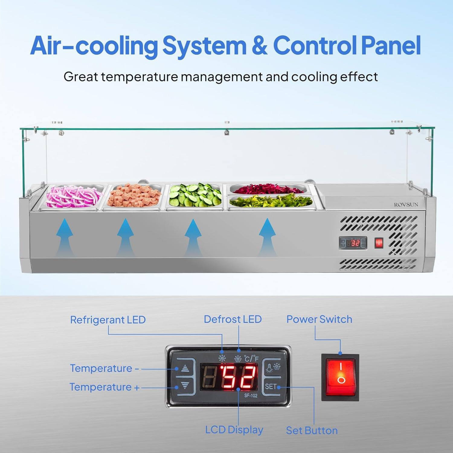 Air-cooling System & Control Panel  
Great temperature management and cooling effect  

- Refrigerant LED  
- Defrost LED  
- Power Switch  
- Temperature -  
- Temperature +  
- LCD Display  
- Set Button  

SF-102