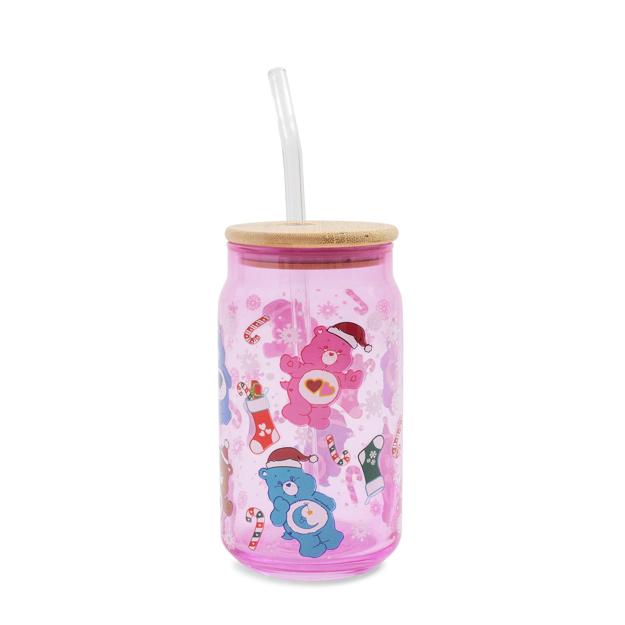 Alt View 1. Silver Buffalo - Care Bears Holiday Glass Tumbler With Bamboo Lid and Straw | Holds 16 Ounces - Pink.