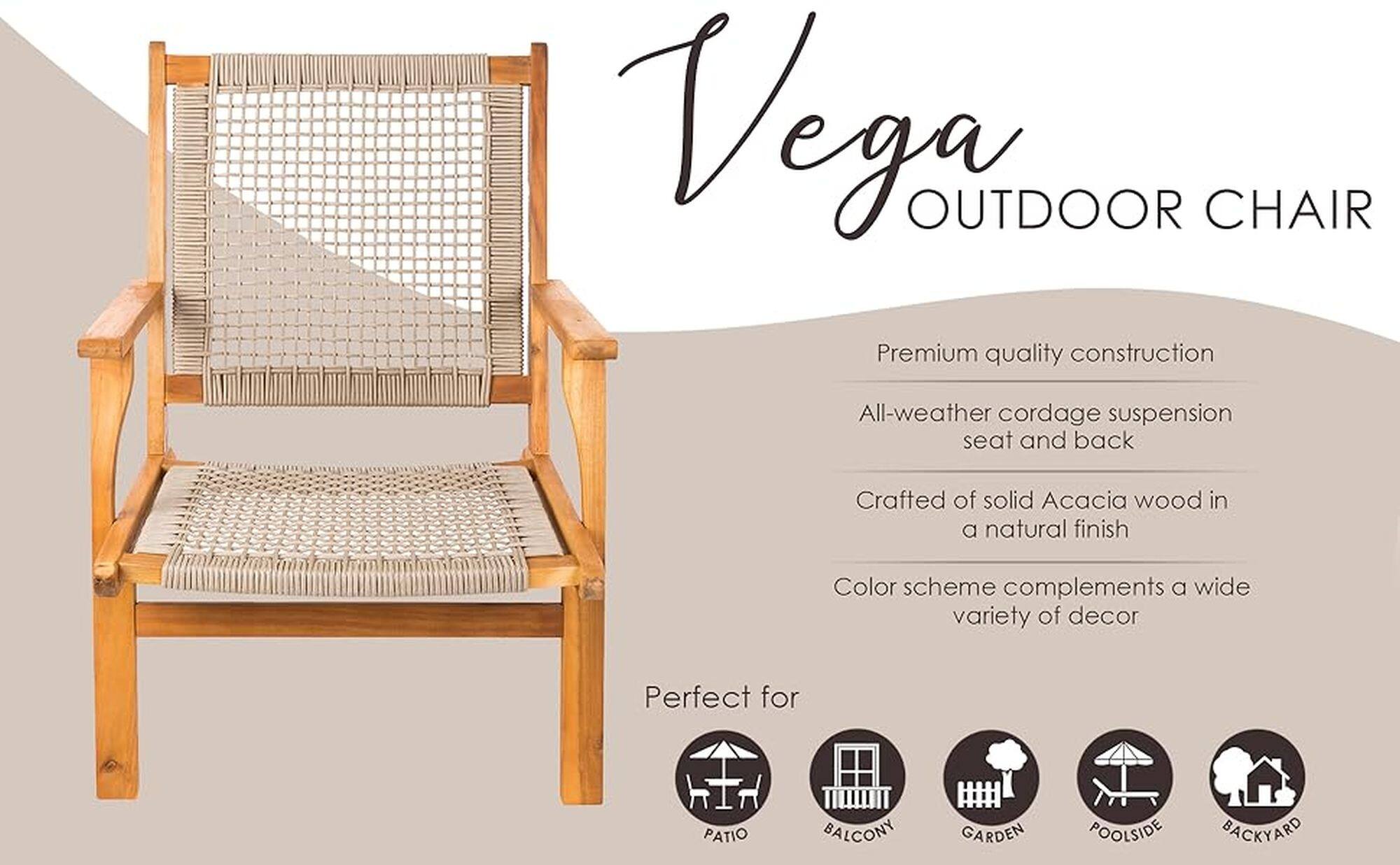 Vega Outdoor Chair: Premium quality construction, All-weather cordage suspension, seat and back, Crafted of solid Acacia wood in a natural finish, Color scheme complements a wide variety of decor, Perfect for Patio, Balcony, Garden, Poolside, Backyard.