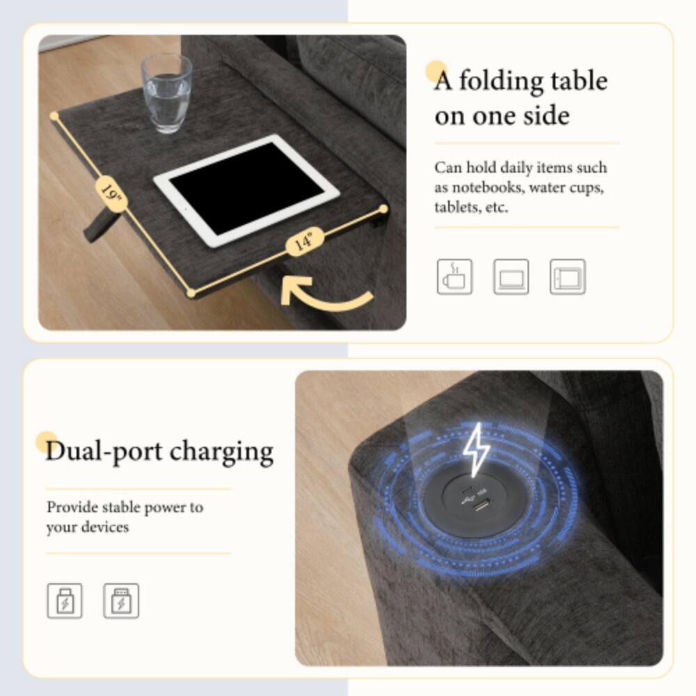 A folding table on one side 19" 14" Can hold daily items such as notebooks, water cups, tablets, etc. Dual-port charging Provide stable power to your devices