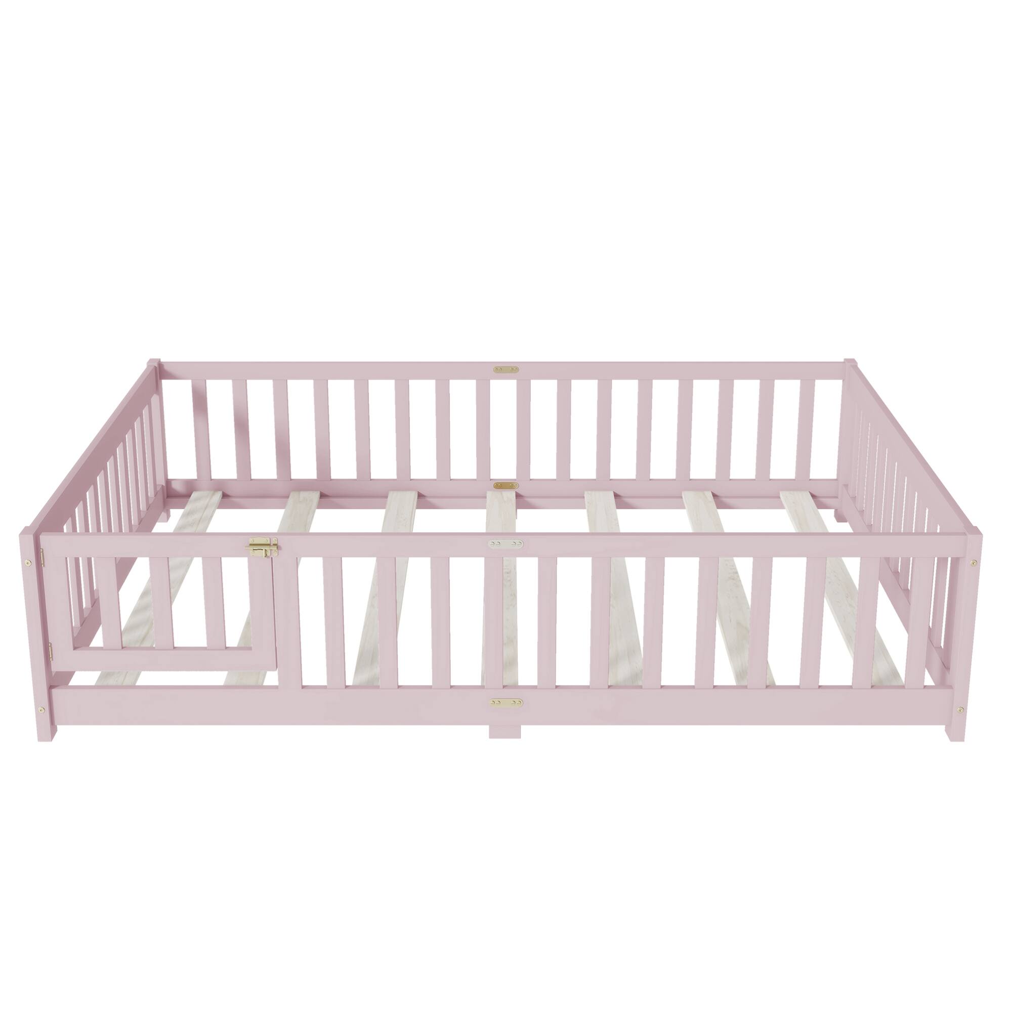 Angle. GOODSILO - Full Size Floor Bed with Safety Fence and Revolving Door for Children, Sturdy Rubber Wood Construction - Pink.
