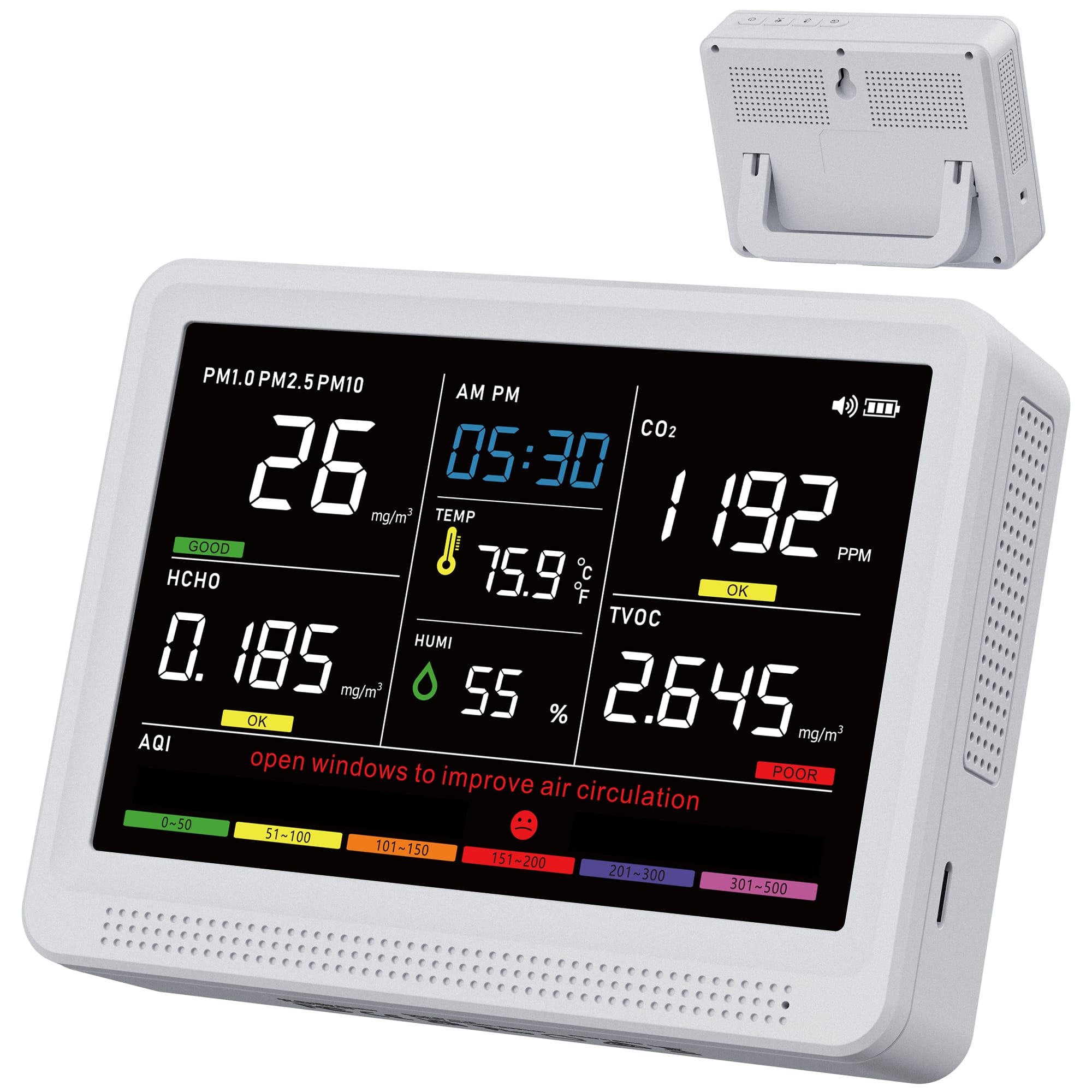 bonoch - 16 in 1 Air Quality Monitor Indoor 12Hrs Battery 7" Wildfire CO2 Monitor - White