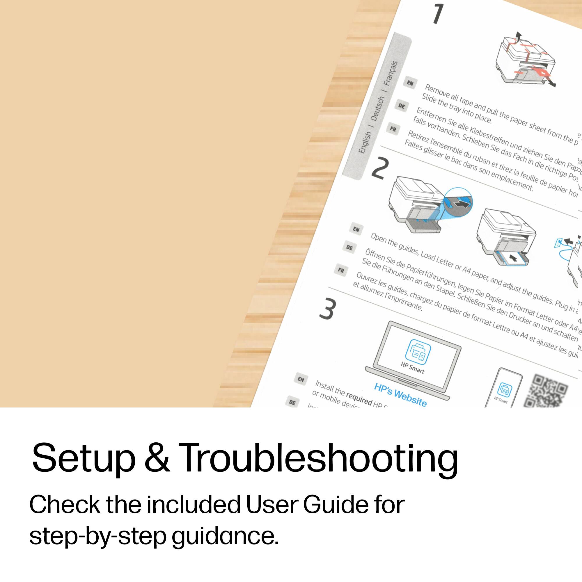1 - Remove all tape and pull the paper sheet from the tray.  
2 - Open the guides, load Letter or A4 paper, and adjust the guides.  
3 - Plug in the printer and install the required HP mobile device.  

Setup & Troubleshooting  
Check the included User Guide for step-by-step guidance.