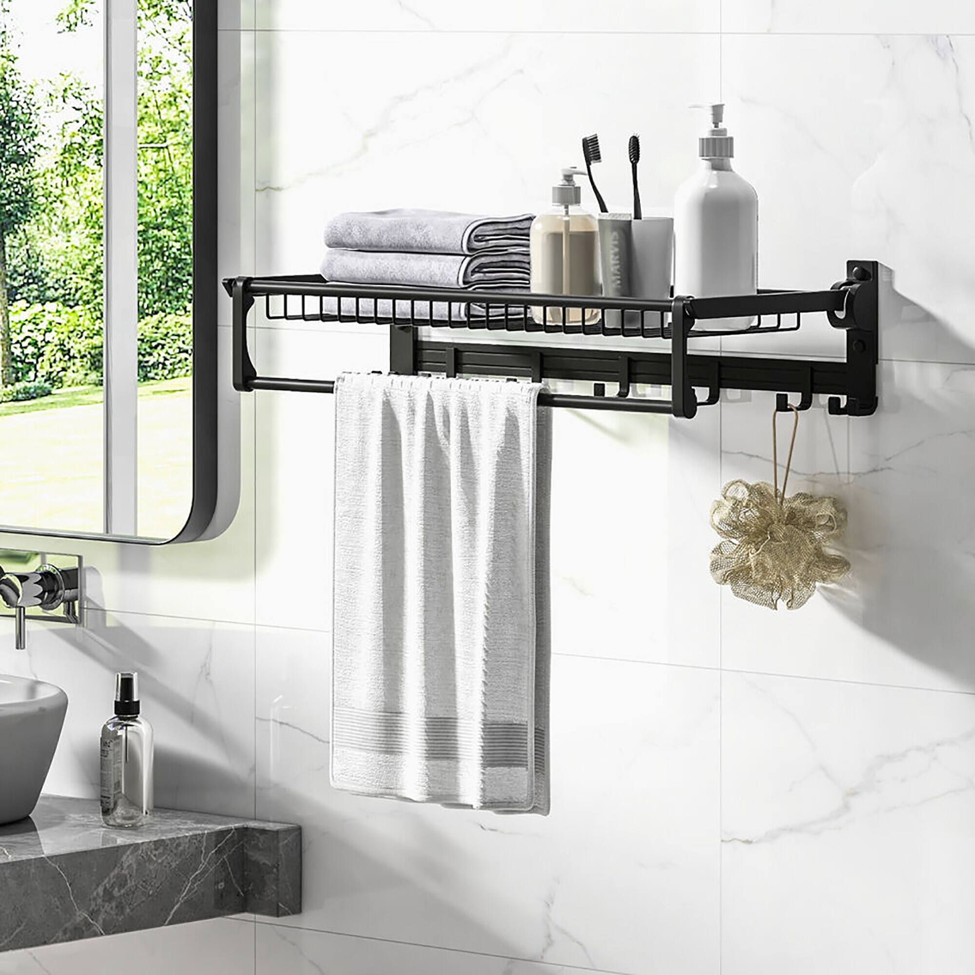 Alt View 1. Gymax - Gymax Wall Mounted Foldable Towel Rack w/ Adjustable Towel Bar & Movable Hooks Black - Black.
