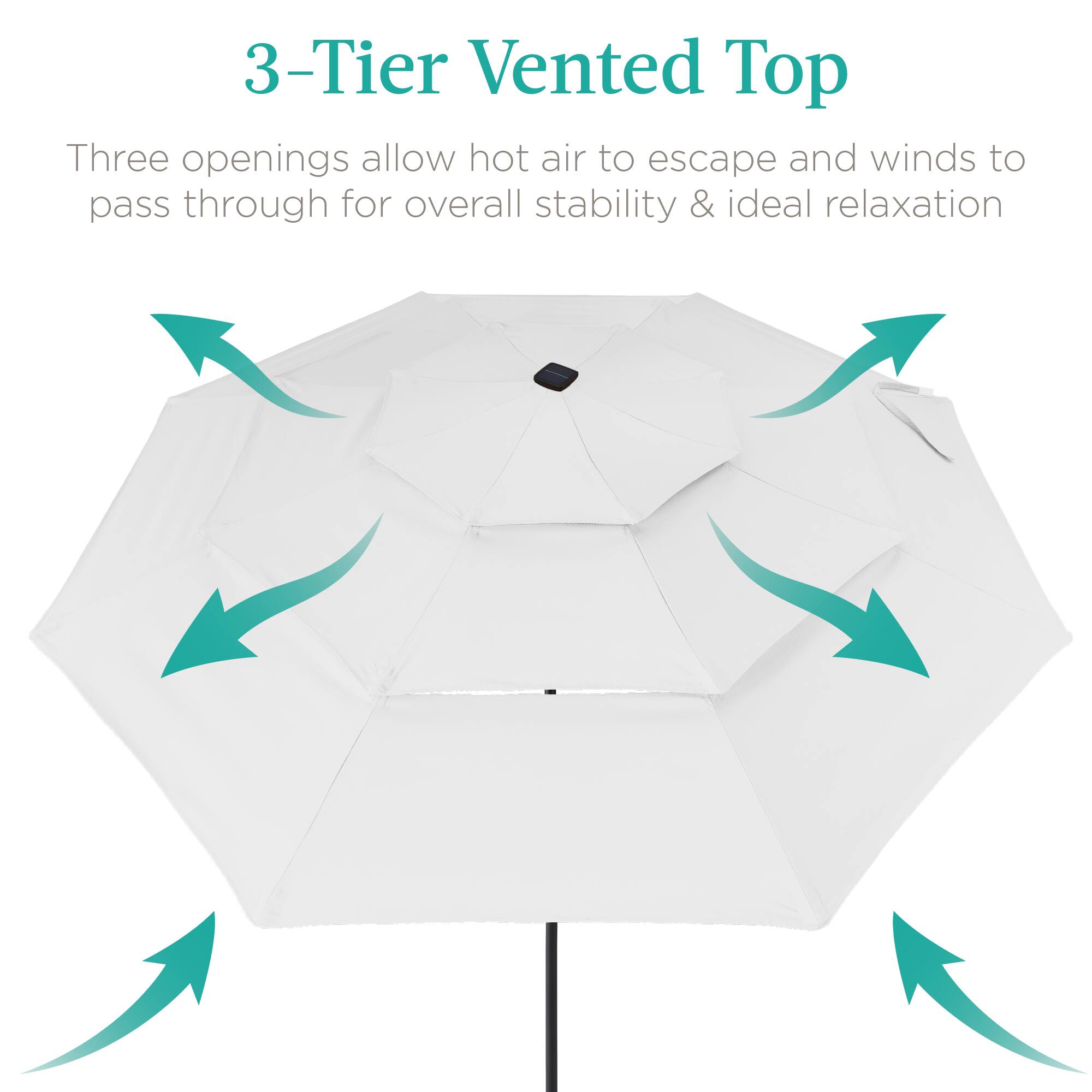 3-Tier Vented Top

Three openings allow hot air to escape and winds to pass through for overall stability & ideal relaxation