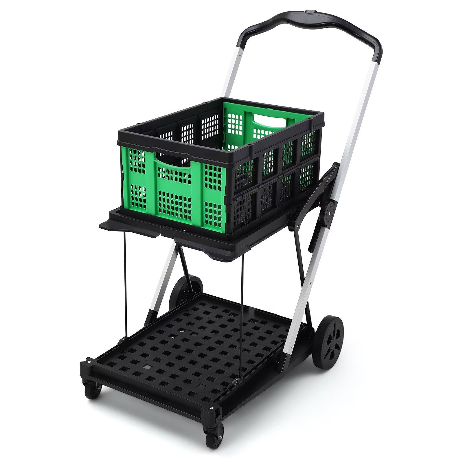 Acekool - Collapsible Shopping Cart 2-Tier Portable Utility Cart with Removable Storage Crate for Groceries Supermarket - Green