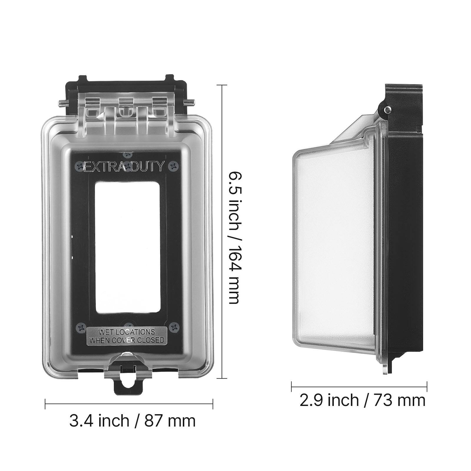The corrected text is:

"EXTRADUTY 6.5 inch / 164 mm WET LOCATIONS WHEN COVER CLOSED 3.4 inch / 87 mm 2.9 inch / 73 mm"