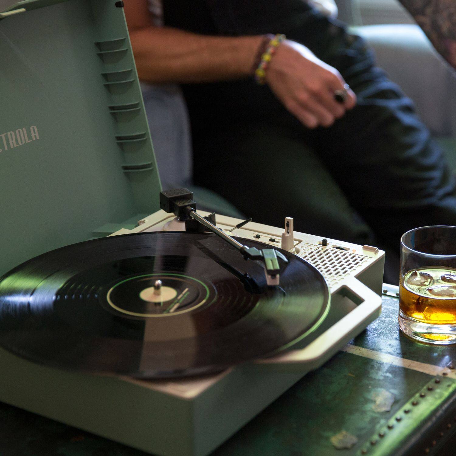 Alt View 23. Victrola - Re-Spin Sustainable Bluetooth Suitcase Record Player - Basil Green.