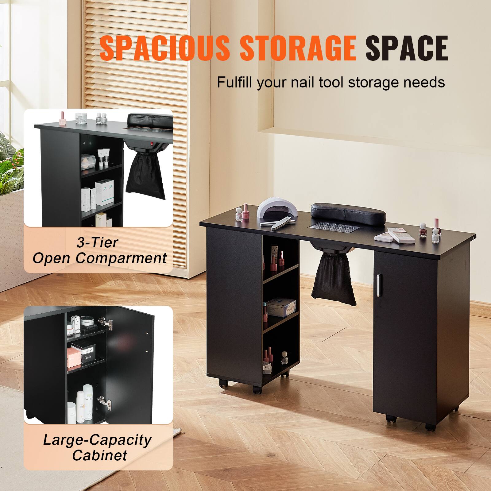 SPACIOUS STORAGE SPACE
Fulfill your nail tool storage needs

3-Tier Open Compartment
Large-Capacity Cabinet