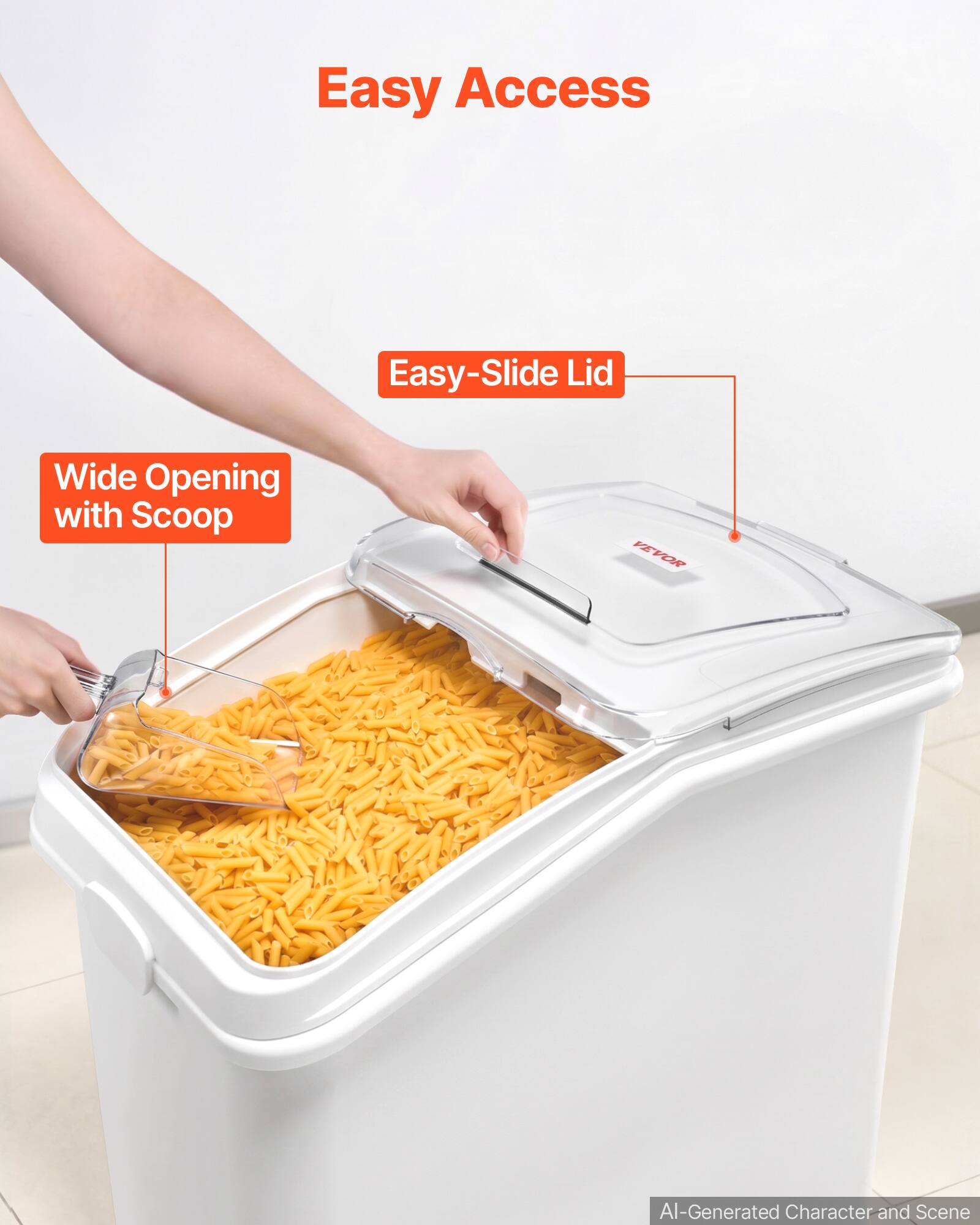 Easy Access  
Easy-Slide Lid  
Wide Opening with Scoop  
VEVOR  
AI-Generated Character and Scene