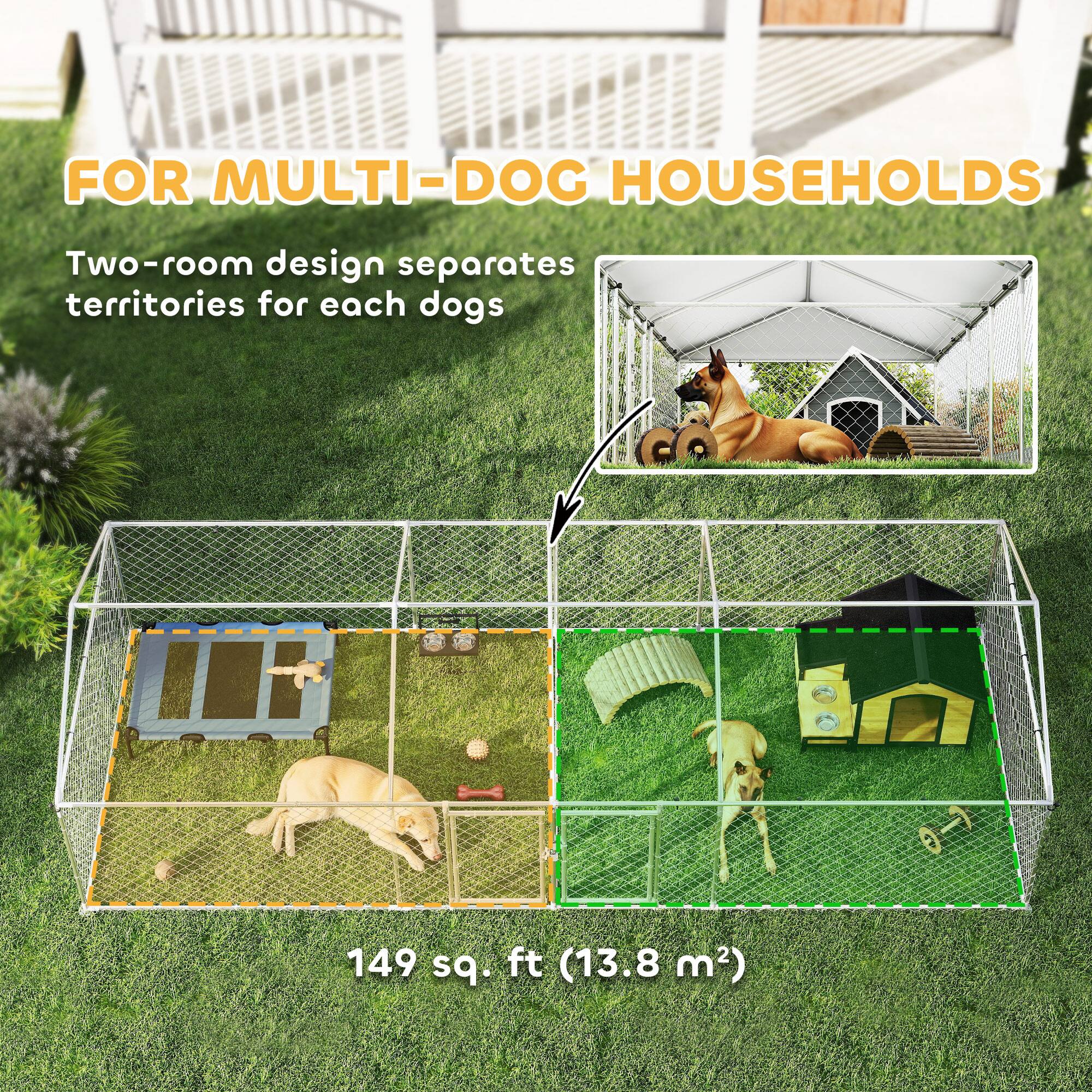 FOR MULTI-DOG HOUSEHOLDS

Two-room design separates territories for each dog

149 sq. ft (13.8 m²)