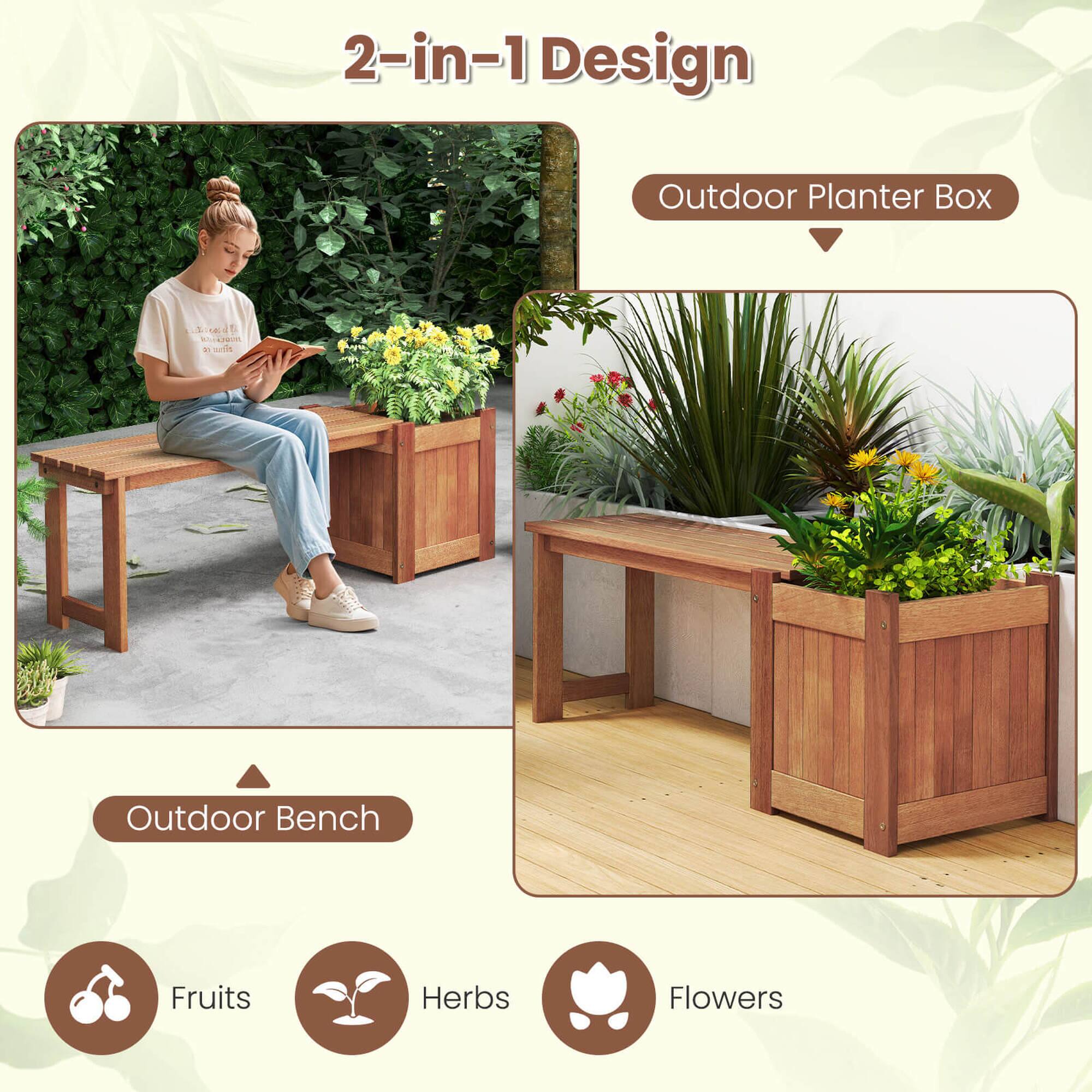 2-in-1 Design Outdoor Planter Box: 1. Outdoor Bench 2. Planter Box 3. Fruits 4. Herbs 5. Flowers