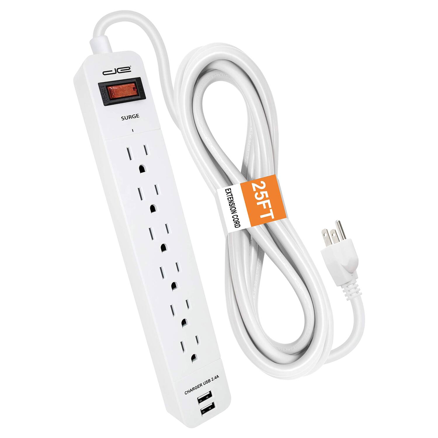 Digital Energy - Enr1-1006 6-outlet Surge Protector Power Strip With 2 Usb Ports (25 Ft.; - White