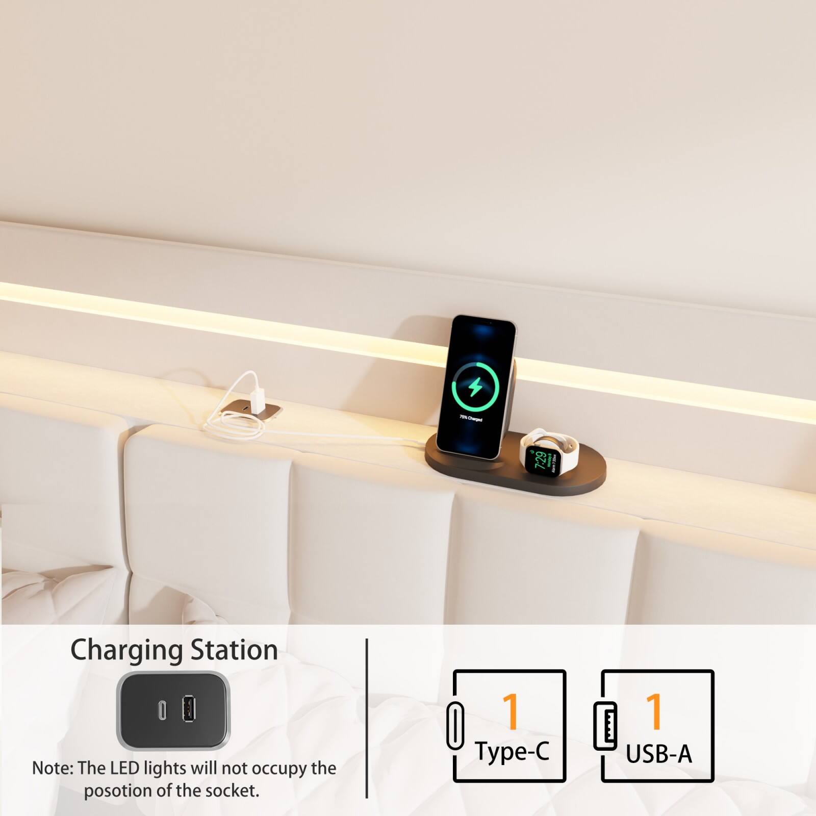 Charging Station

Note: The LED lights will not occupy the position of the socket.

1 Type-C
1 USB-A