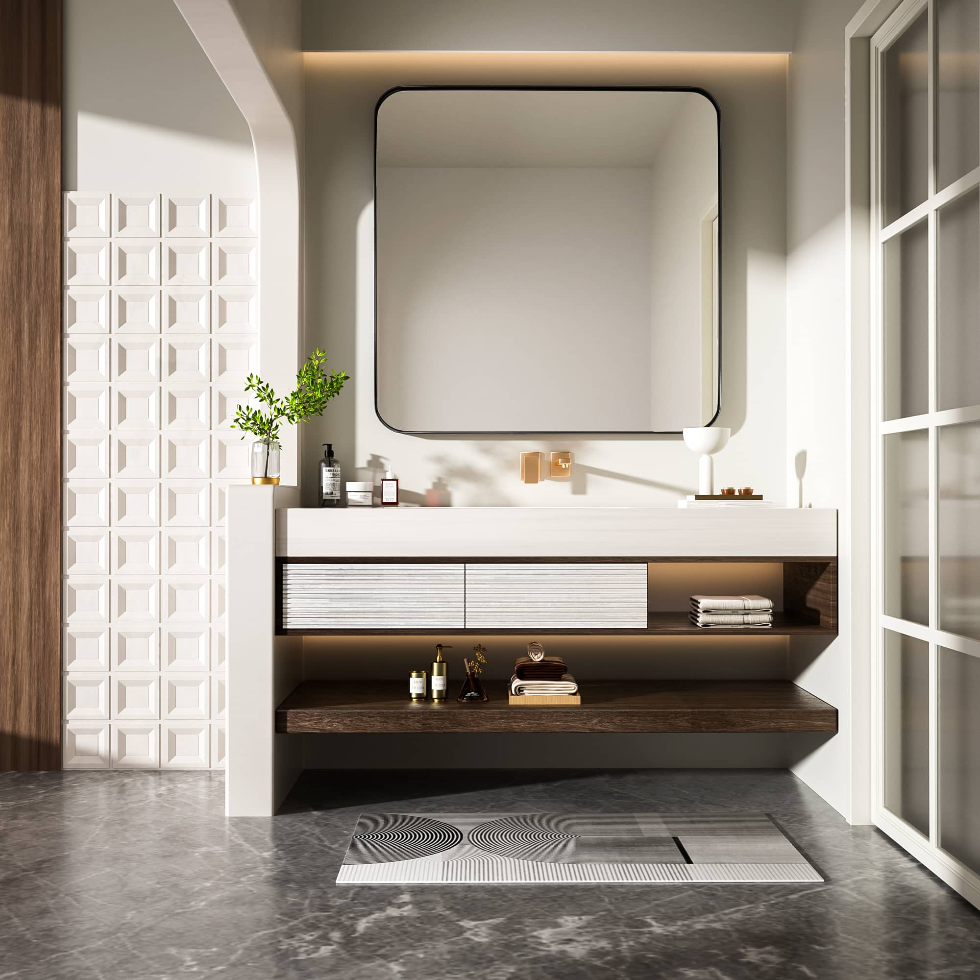 Left. LOVMOR - Tempered Glass Rounded Rectangle Framed Wall-Mounted Bathroom Vanity Mirror - 36" x 36" - Black.