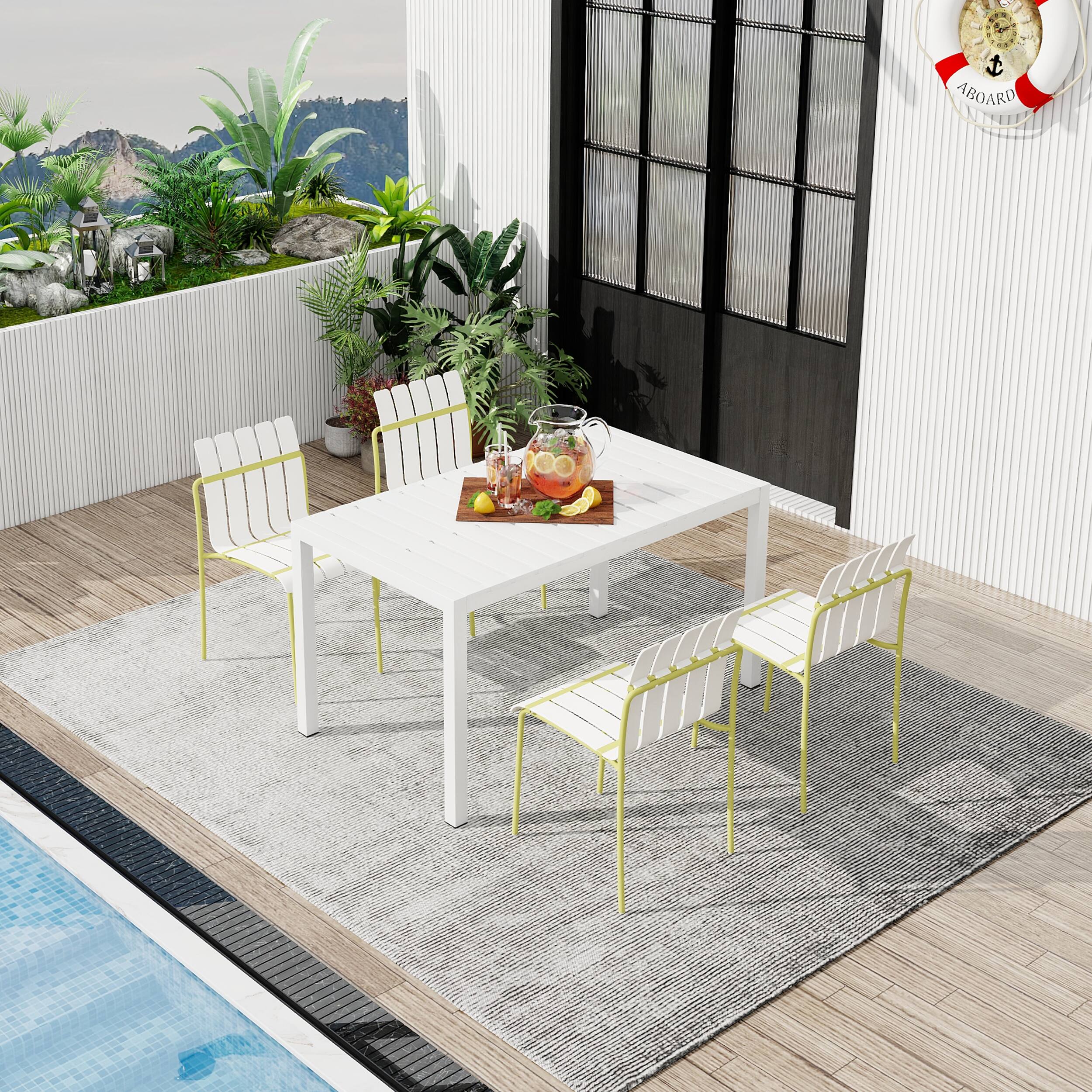 Angle. Mondawe - 5-Piece Outdoor Dining Set – 55 Inch Table with 4 Striped Color Block Chairs - White.